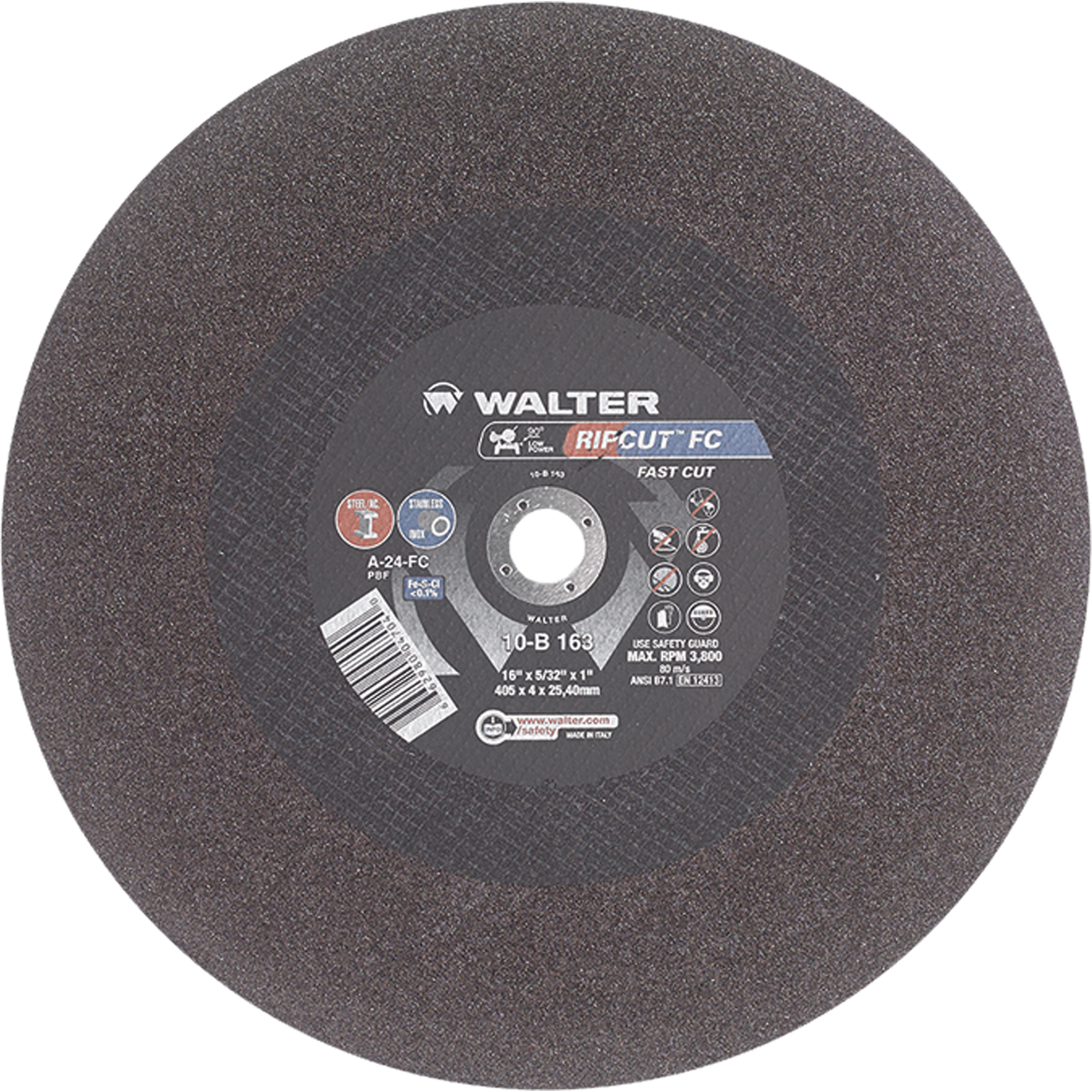 Meule à tronçonner Ripcut IIMC pour la coupe de l'acier inoxydable et l'acier sur scies fixes, 16" x 5/32", Arbre de 1", Type 1, Oxyde d'aluminium, 3800 Tr/min