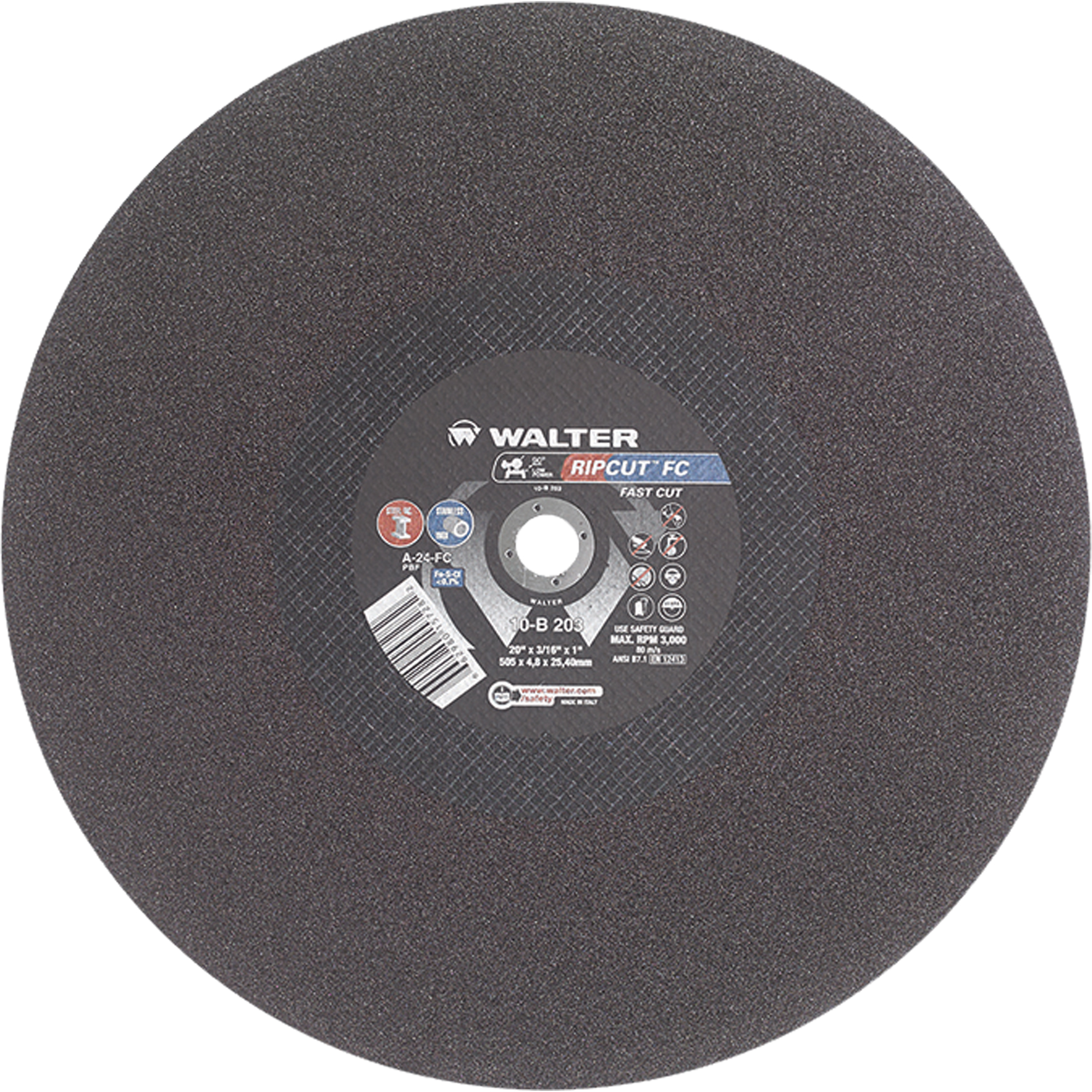 Meule à tronçonner Ripcut IIMC pour la coupe de l'acier inoxydable et l'acier sur scies fixes, 20" x 3/16", Arbre de 1", Type 1, Oxyde d'aluminium, 3000 Tr/min