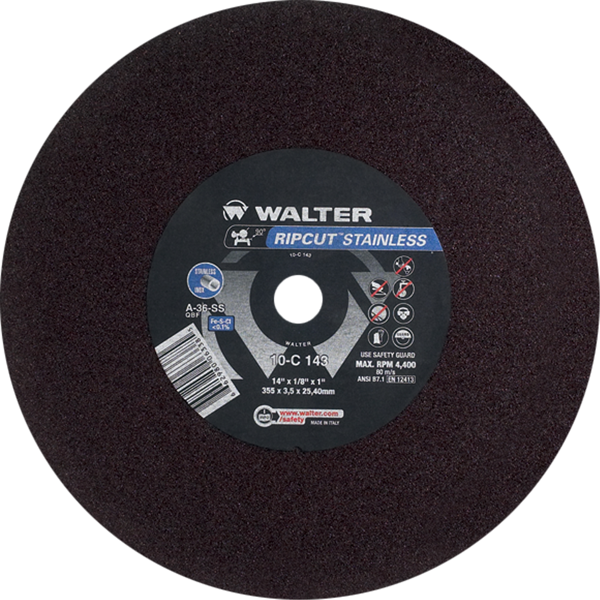Meule à tronçonner Ripcut IIMC pour la coupe de l'acier inoxydable sur scies fixes, 14" x 1/8", Arbre de 1", Type 1, Oxyde d'aluminium, 4400 Tr/min