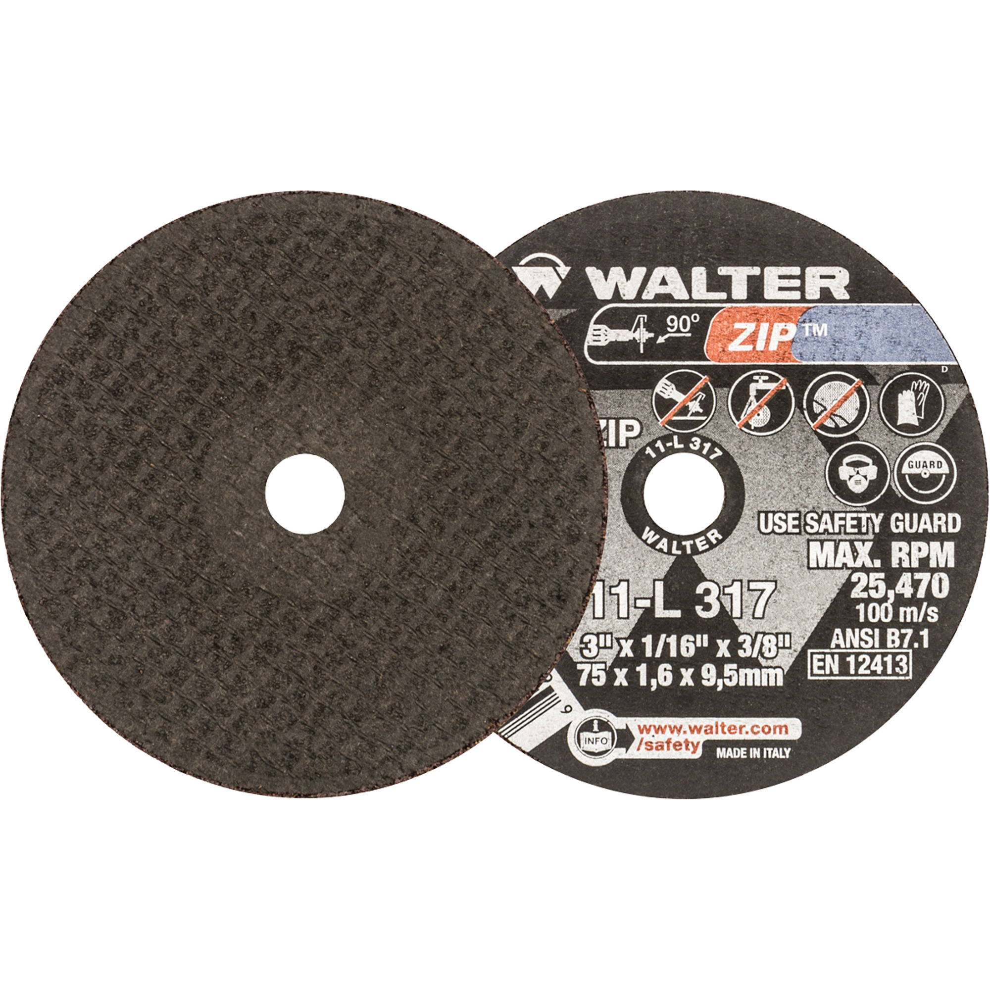 Meule à tronçonner ZipMC, 3" x 1/16", Arbre de 3/8", Type 1, 25470 Tr/min