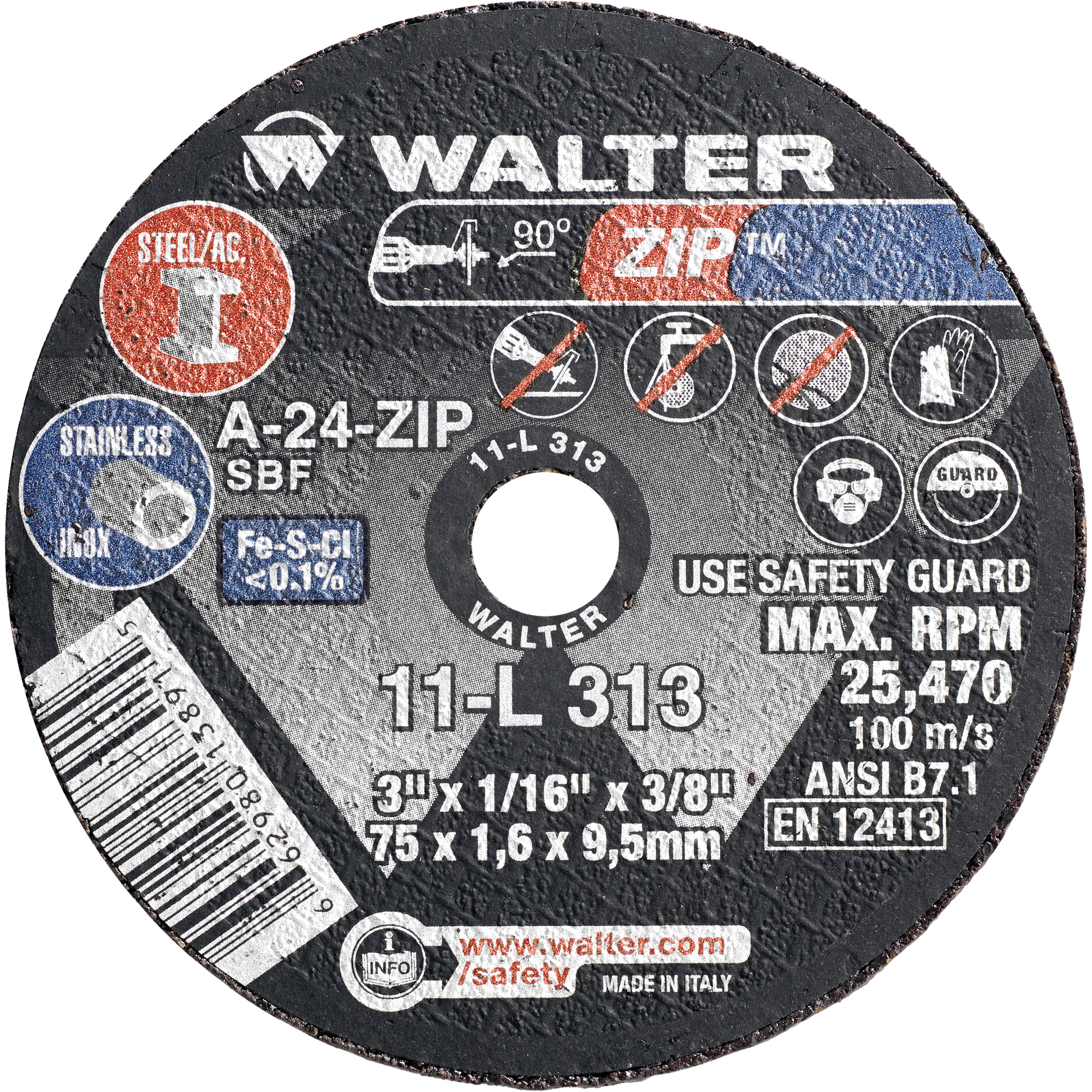 Meule à tronçonner ZipMC, 3" x 1/4", Arbre de 3/8", Type 1, Oxyde d'aluminium, 25470 Tr/min