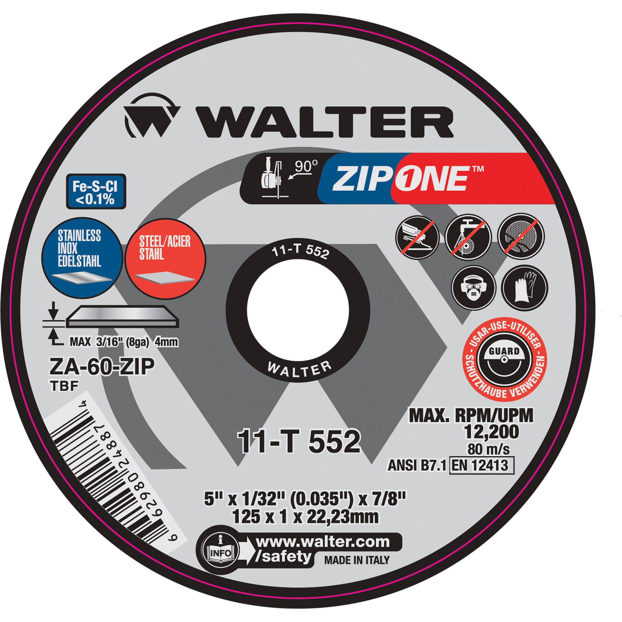 Meule à tronçonner Zip OneMC, 5" x 1/32", Arbre de 7/8", Type 1, Alumine de zirconium, 12 200 Tr/min