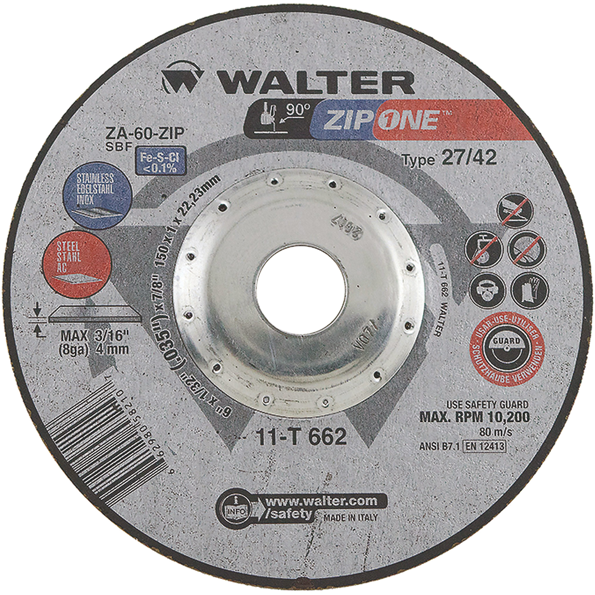 Meule à tronçonner ZIP ONEMC, 6" x 1/32", Arbre de 7/8", Type 27, Alumine de zirconium, 10 200 Tr/min