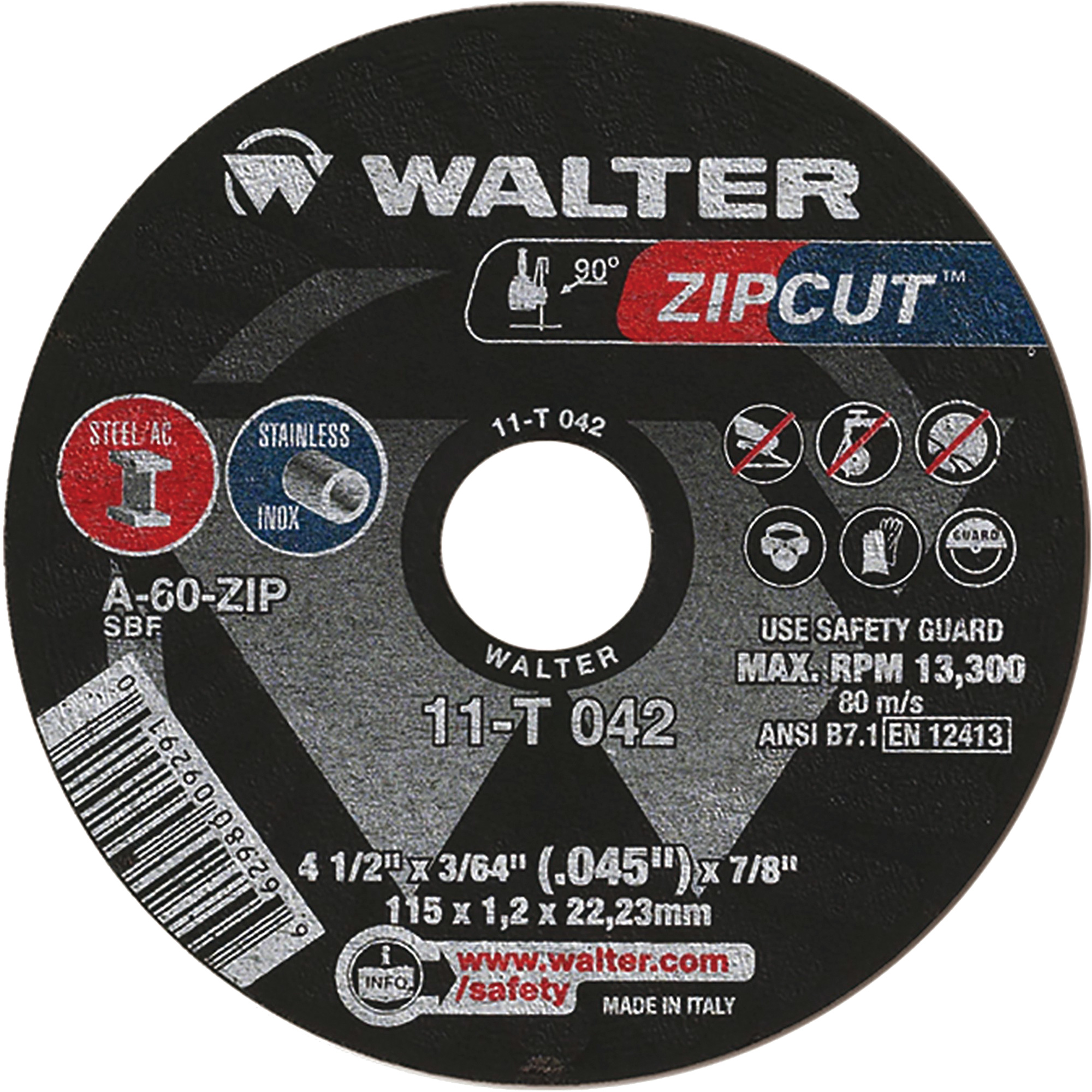 Meule à tronçonner ZipcutMC, 4-1/2" x 3/64", Arbre de 7/8", Type 1, Oxyde d'aluminium, 13 300 Tr/min