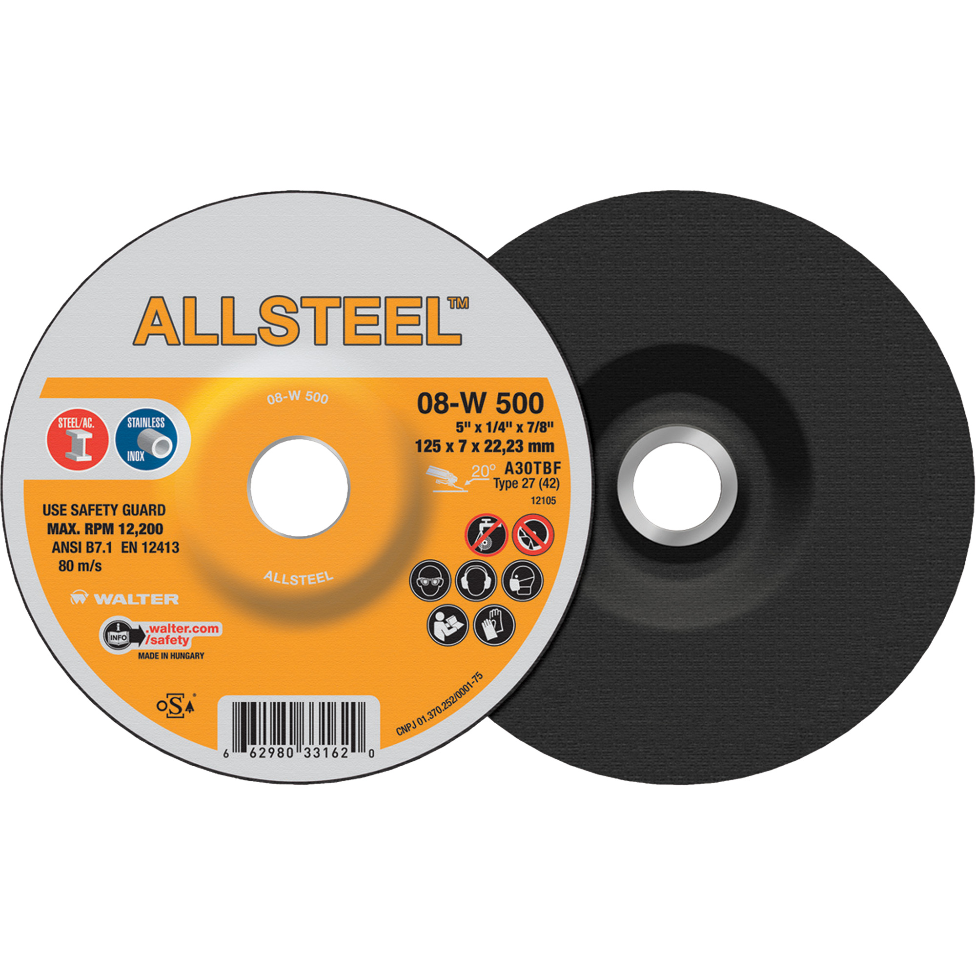 Meule AllSteelMC, 5" x 1/4", Arbre 7/8", Oxyde d'aluminium, Type 27