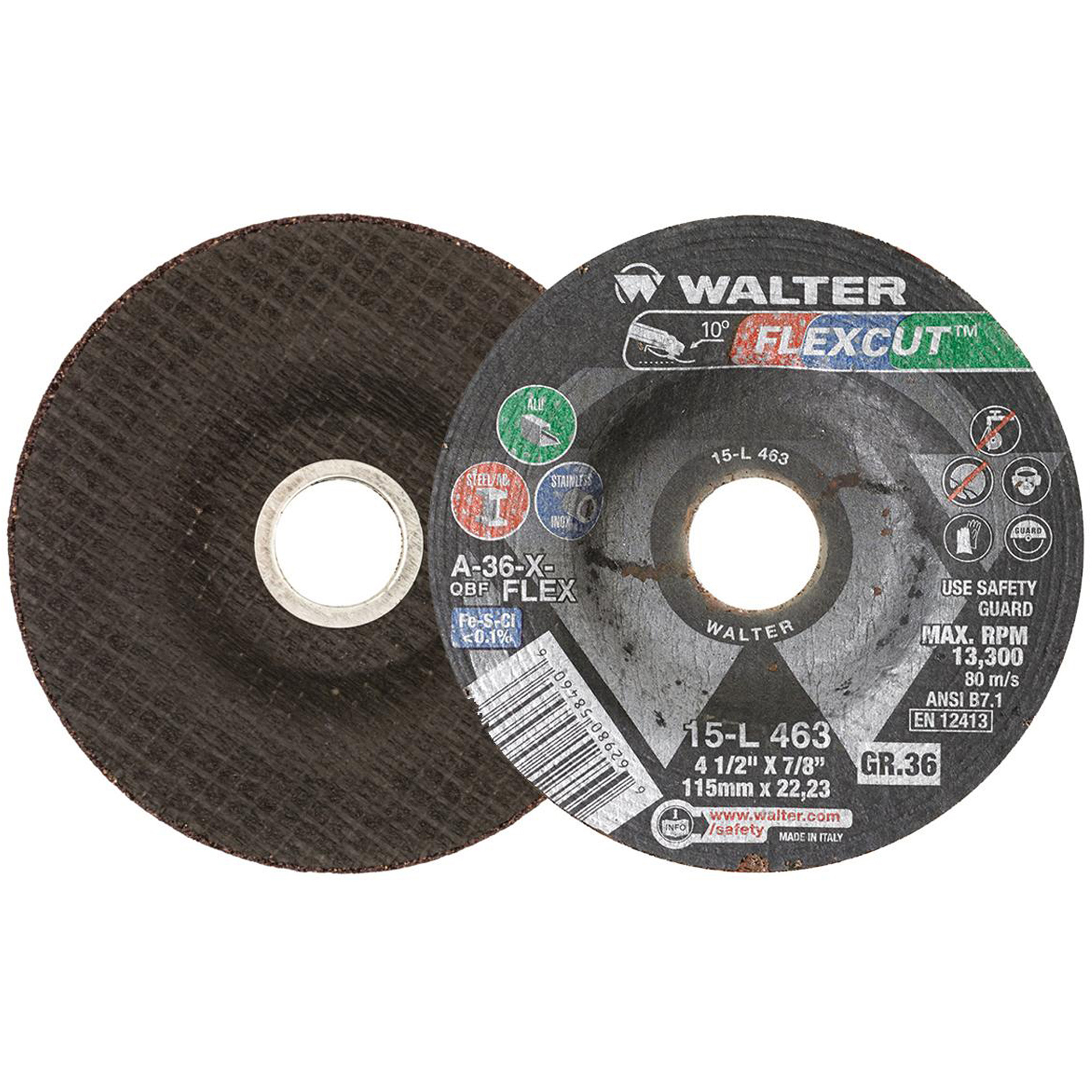 Meule FLEXCUTMC, 4-1/2", 36 Grain, Oxyde d'aluminium, 7/8", 13 300 Tr/min, Type 29