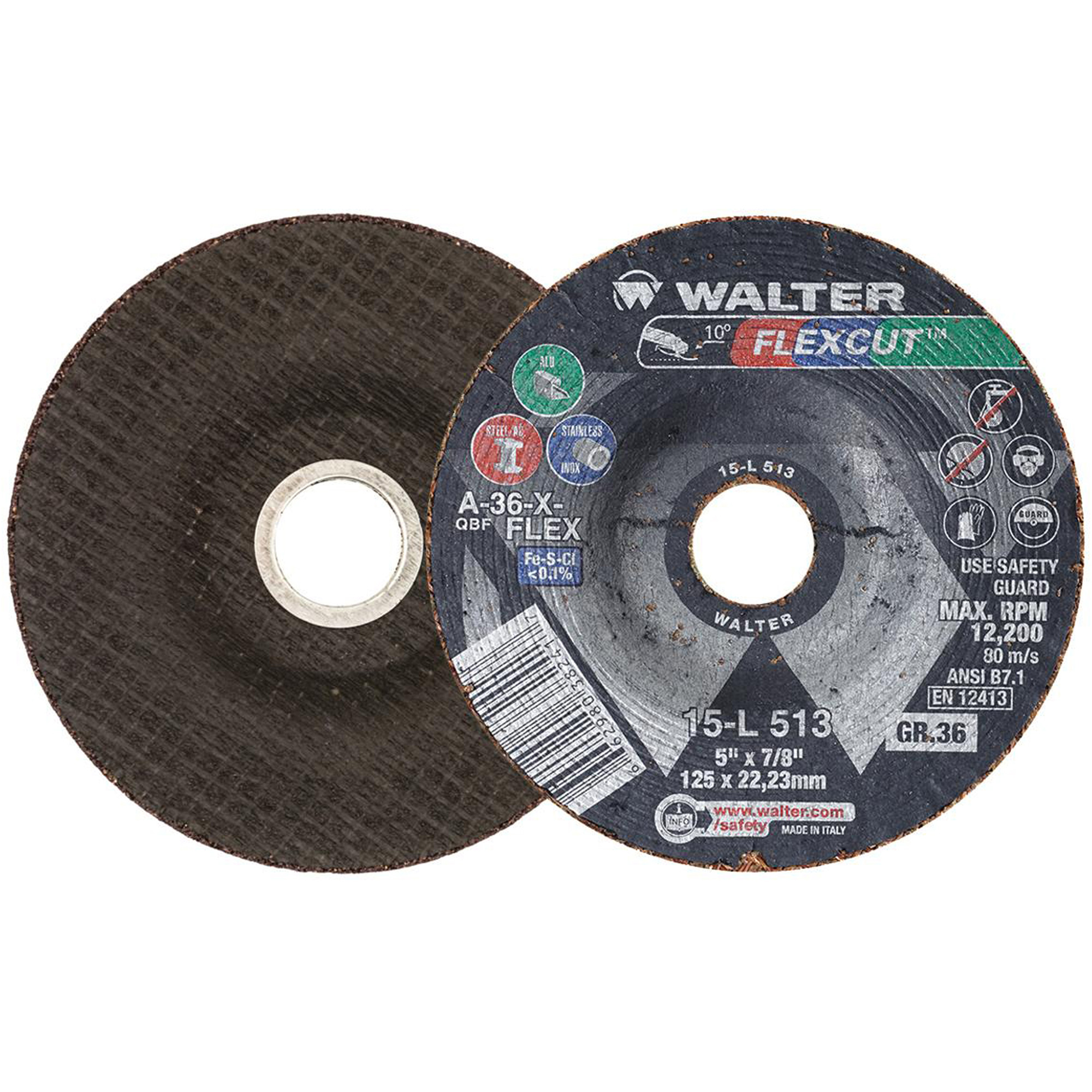 Meule FLEXCUTMC, 5", 36 Grain, Oxyde d'aluminium, 7/8", 12 200 Tr/min, Type 29