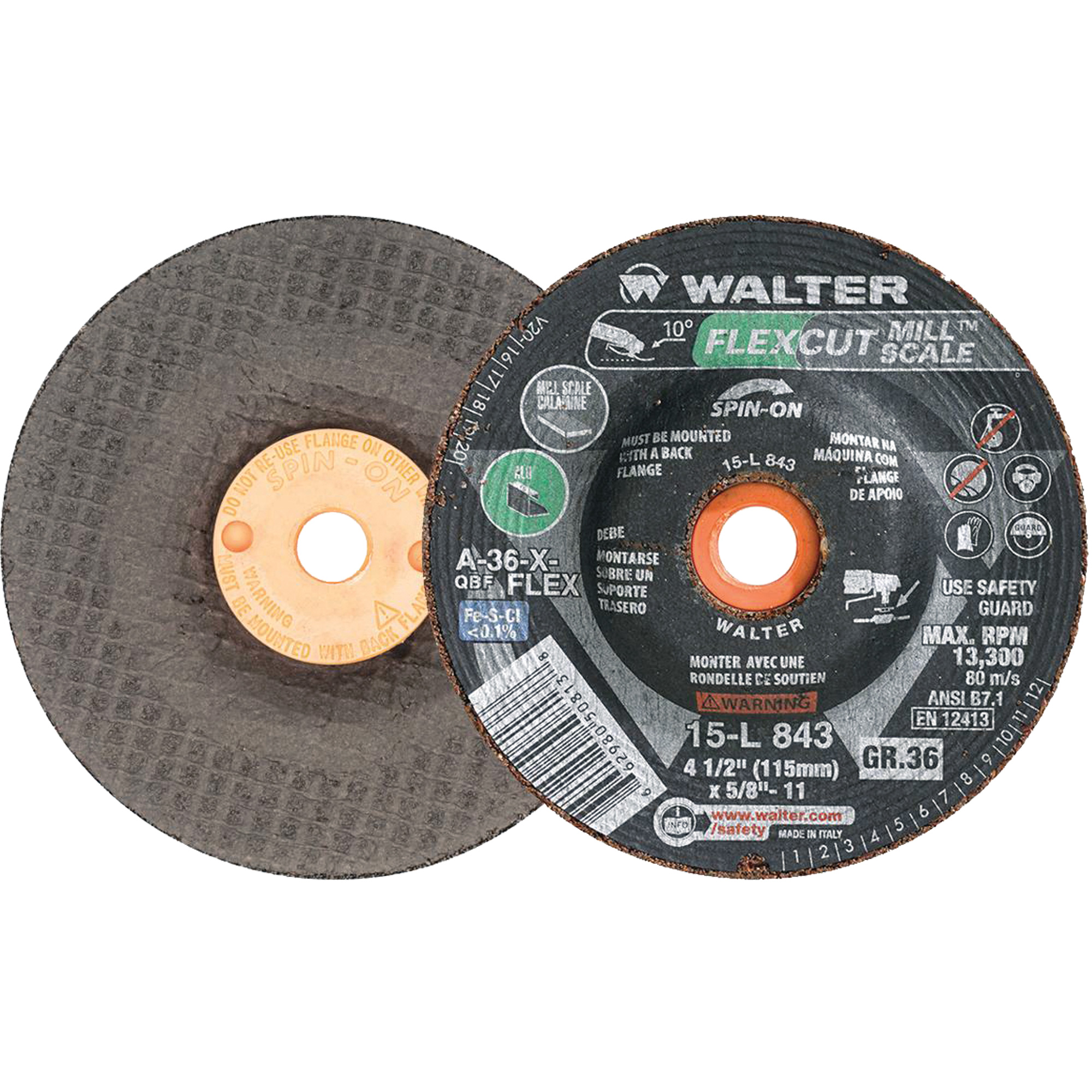 Meule FLEXCUT MILL SCALEMC, 4-1/2", 36 Grain, Oxyde d'aluminium, 5/8"-11, 13 300 Tr/min, Type 29