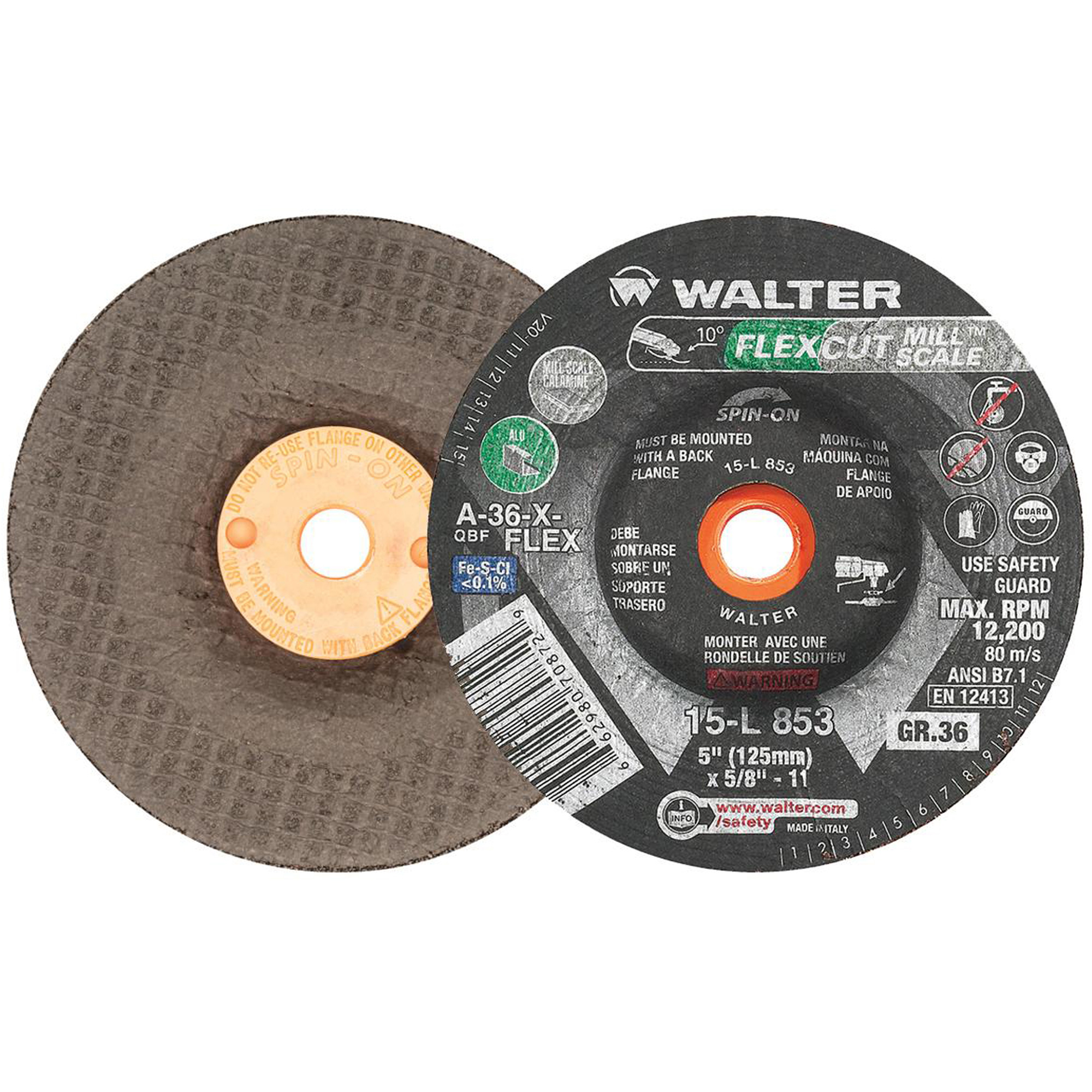 Meule FLEXCUT MILL SCALEMC, 5", 36 Grain, Oxyde d'aluminium, 5/8"-11, 12 200 Tr/min, Type 29