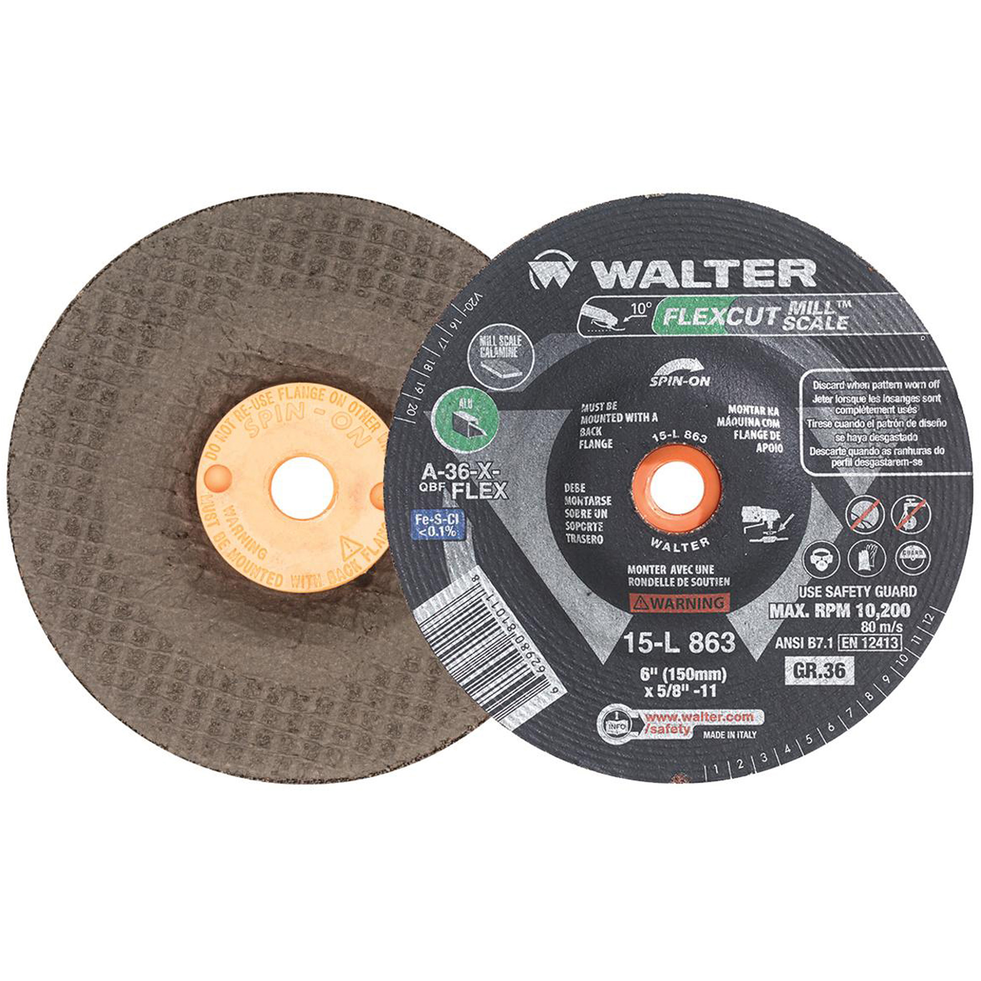 Meule FLEXCUT MILL SCALEMC, 6", 36 Grain, Oxyde d'aluminium, 5/8"-11, 10 200 Tr/min, Type 29