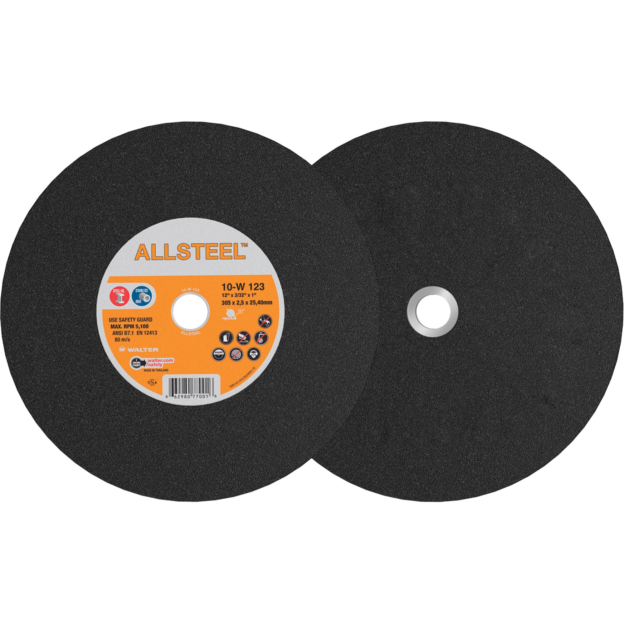Meule pour scie à tronçonner AllSteelMC, 12" x 7/64", Arbre de 1", Type 1, Oxyde d'aluminium, 5100 Tr/min