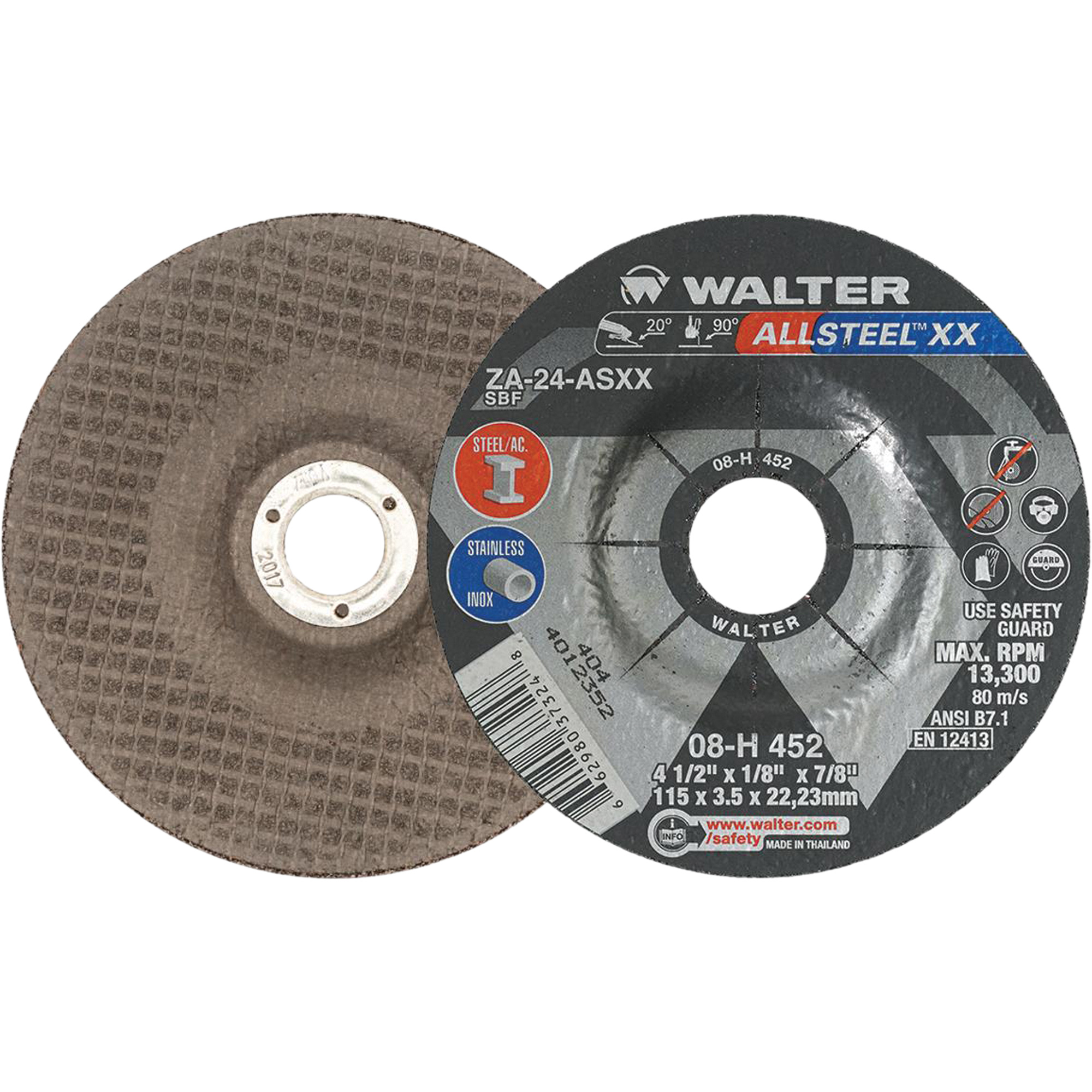 Meules à moyeu déporté AllsteelMC XX, 4-1/2" x 1/8", Arbre de 7/8", Type 27, Alumine de zirconium, 13 300 Tr/min