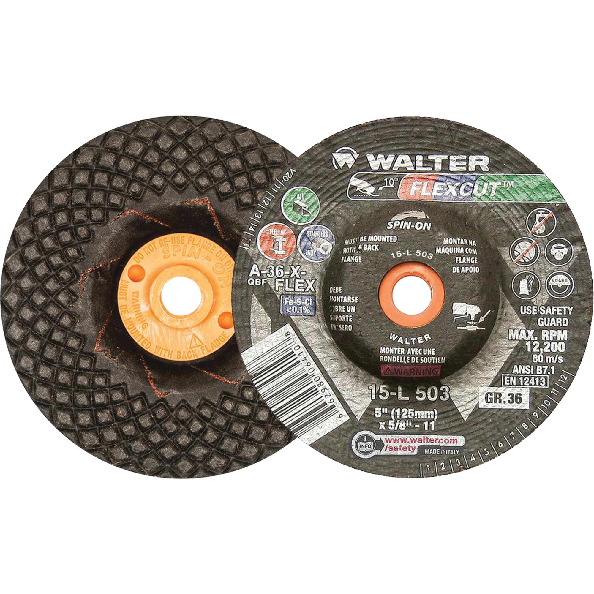 Meules à moyeu déporté FlexcutMC, 5", 36 Grain, Oxyde d'aluminium, 5/8"-11, 12 200 Tr/min, Type 29