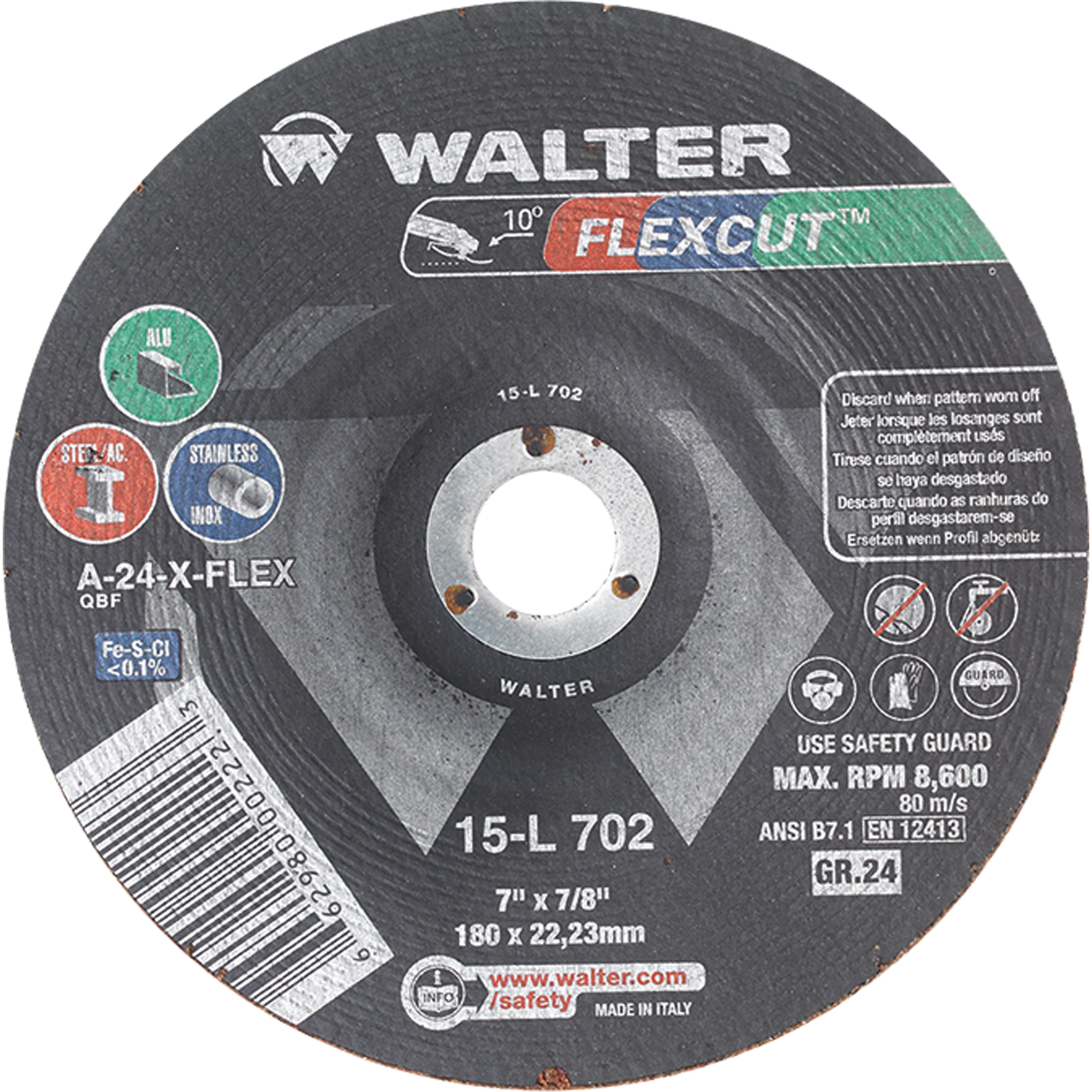 Meules à moyeu déporté FlexcutMC, 7", 24 Grain, Oxyde d'aluminium, 7/8", 8600 Tr/min, Type 29