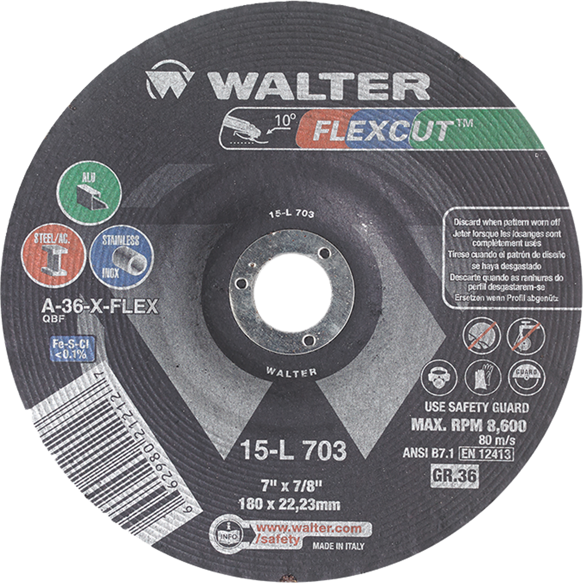 Meules à moyeu déporté FlexcutMC, 7", 36 Grain, Oxyde d'aluminium, 7/8", 8600 Tr/min, Type 29