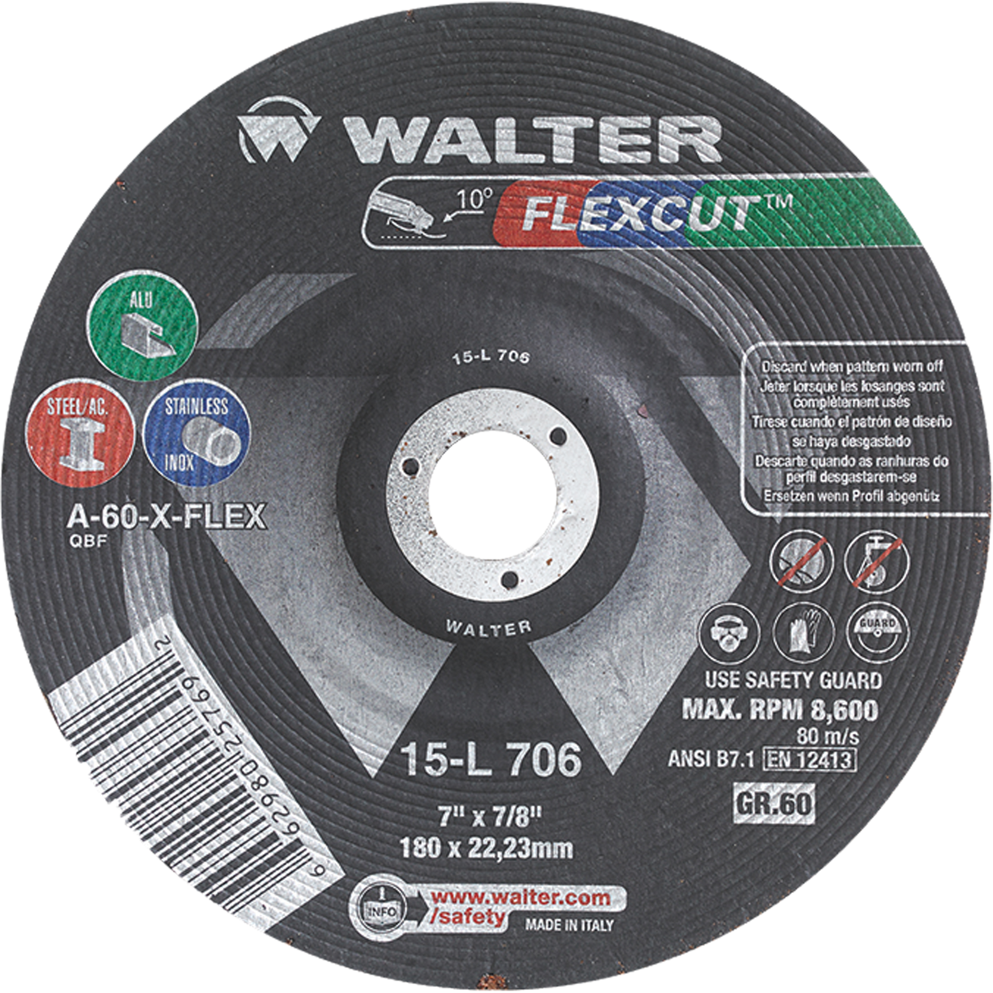 Meules à moyeu déporté FlexcutMC, 7", 60 Grain, Oxyde d'aluminium, 7/8", 8600 Tr/min, Type 29