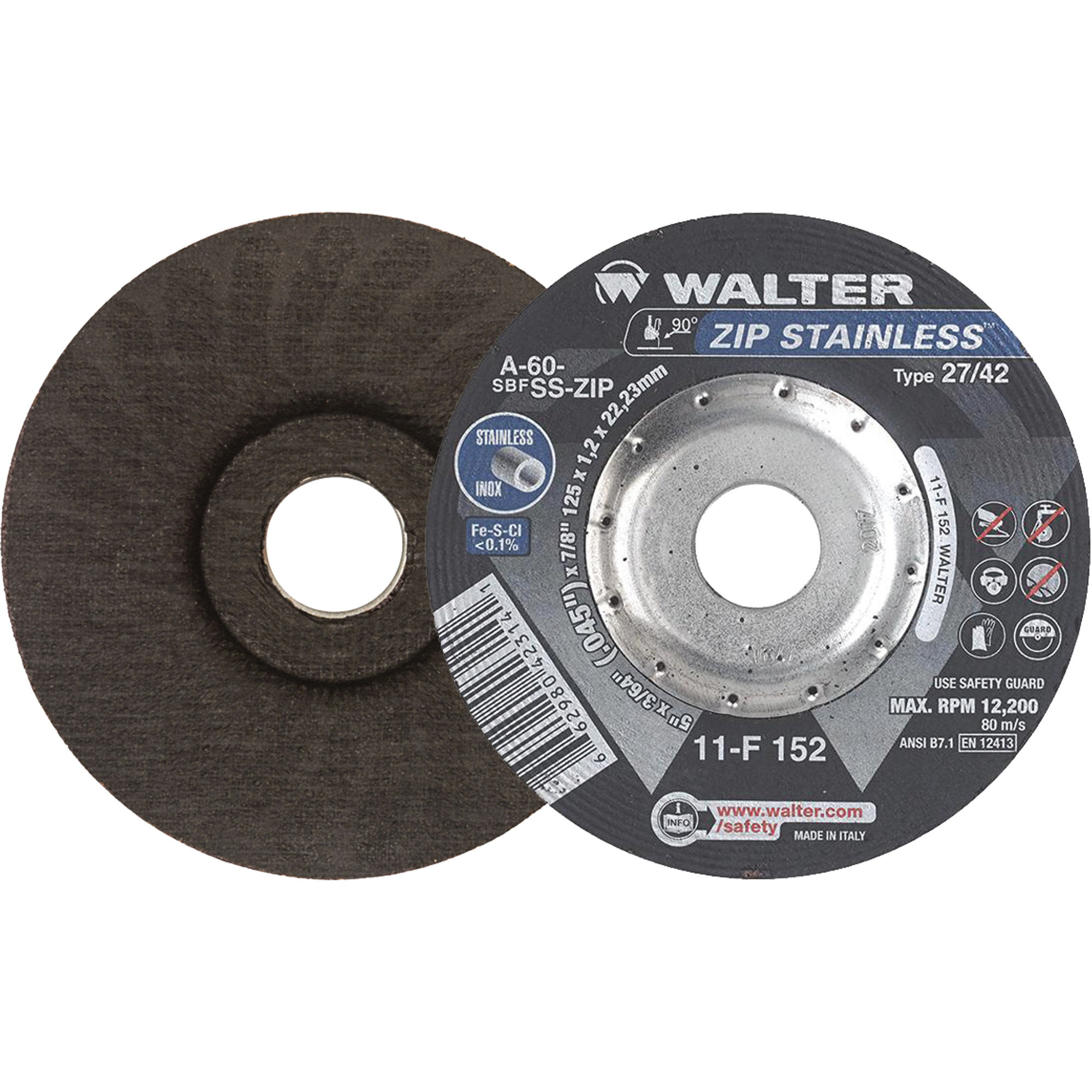 Meules à tronçonner renforcées ZipMC en acier inoxydable pour scies circulaires, 5" x 3/64", Arbre de 7/8", Type 27, Oxyde d'aluminium, 12 200 Tr/min