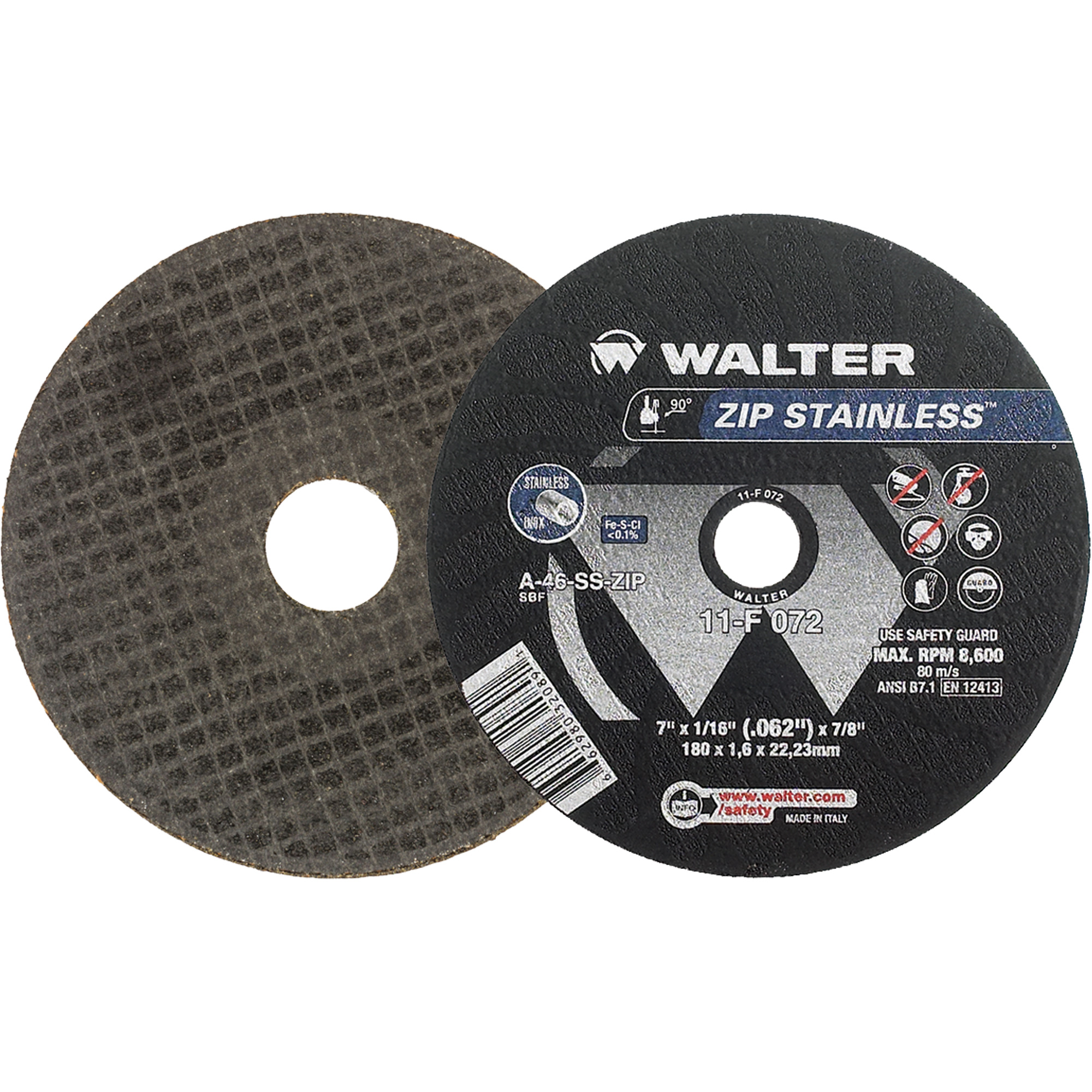 Meules à tronçonner renforcées ZipMC en acier inoxydable pour scies circulaires, 7" x 1/16", Arbre de 7/8", Type 1, Oxyde d'aluminium, 8600 Tr/min