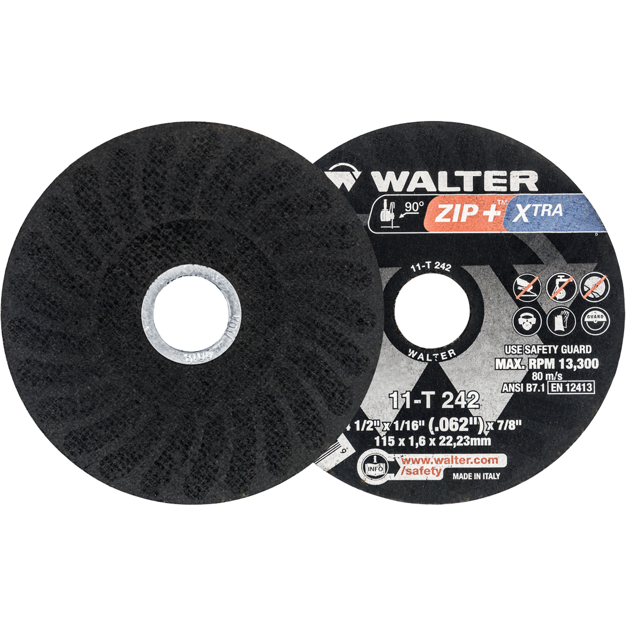 Meules à tronçonner renforcées Zip+MC pour meuleuse à angle droit, 4-1/2" x 1/16", Arbre de 7/8", Type 1, Alumine de zirconium, 13 300 Tr/min