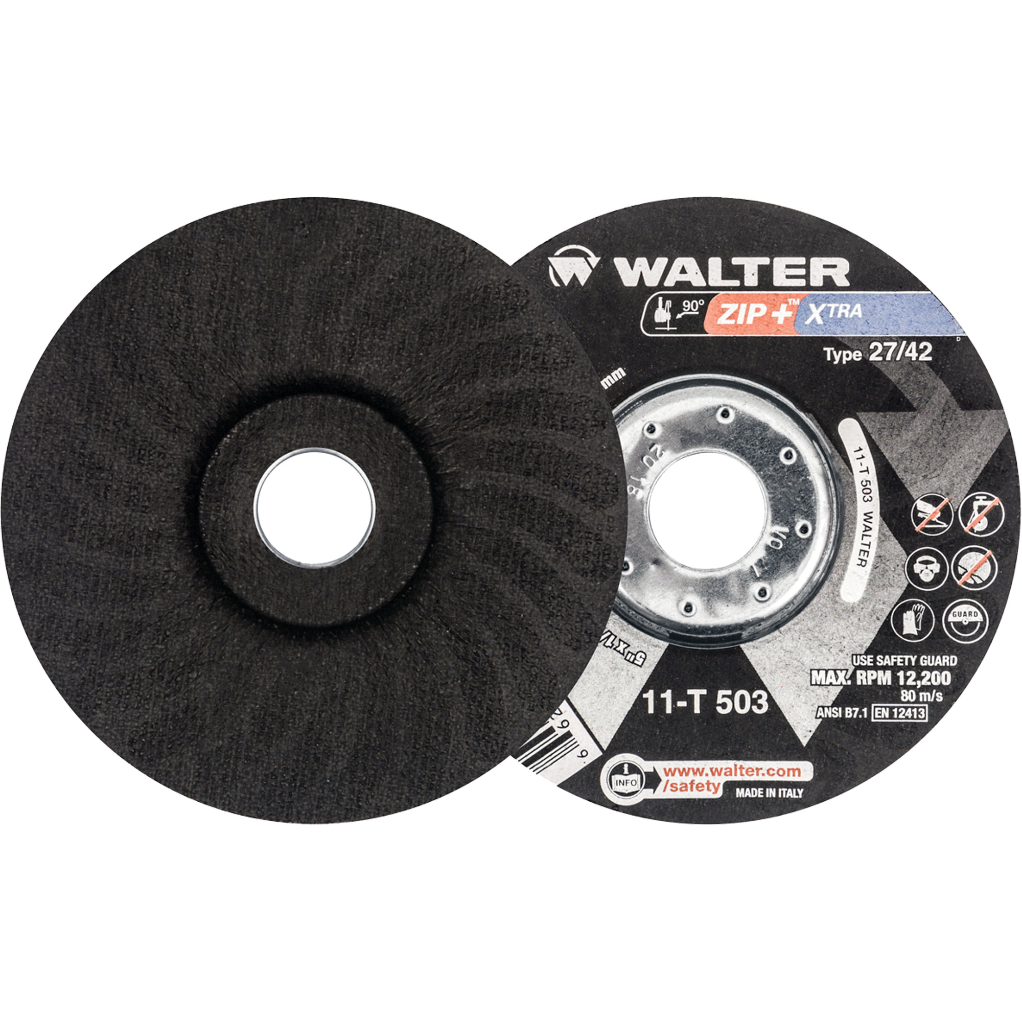 Meules à tronçonner renforcées Zip+MC pour meuleuse à angle droit, 5" x 1/16", Arbre de 7/8", Type 27, Alumine de zirconium, 12 200 Tr/min
