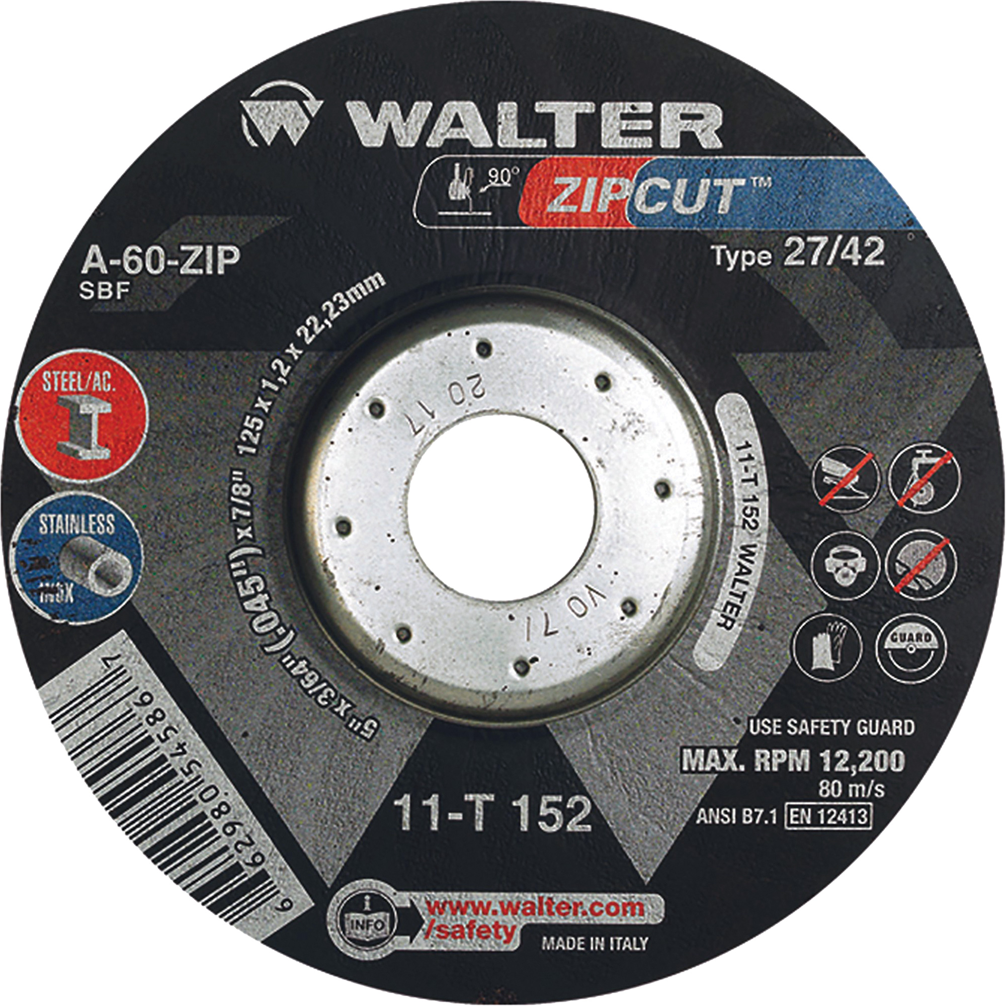 Meules à tronçonner renforcées ZipcutMC pour meuleuse à angle droit, 5" x 3/64", Arbre de 7/8", Type 27, Oxyde d'aluminium, 12 200 Tr/min