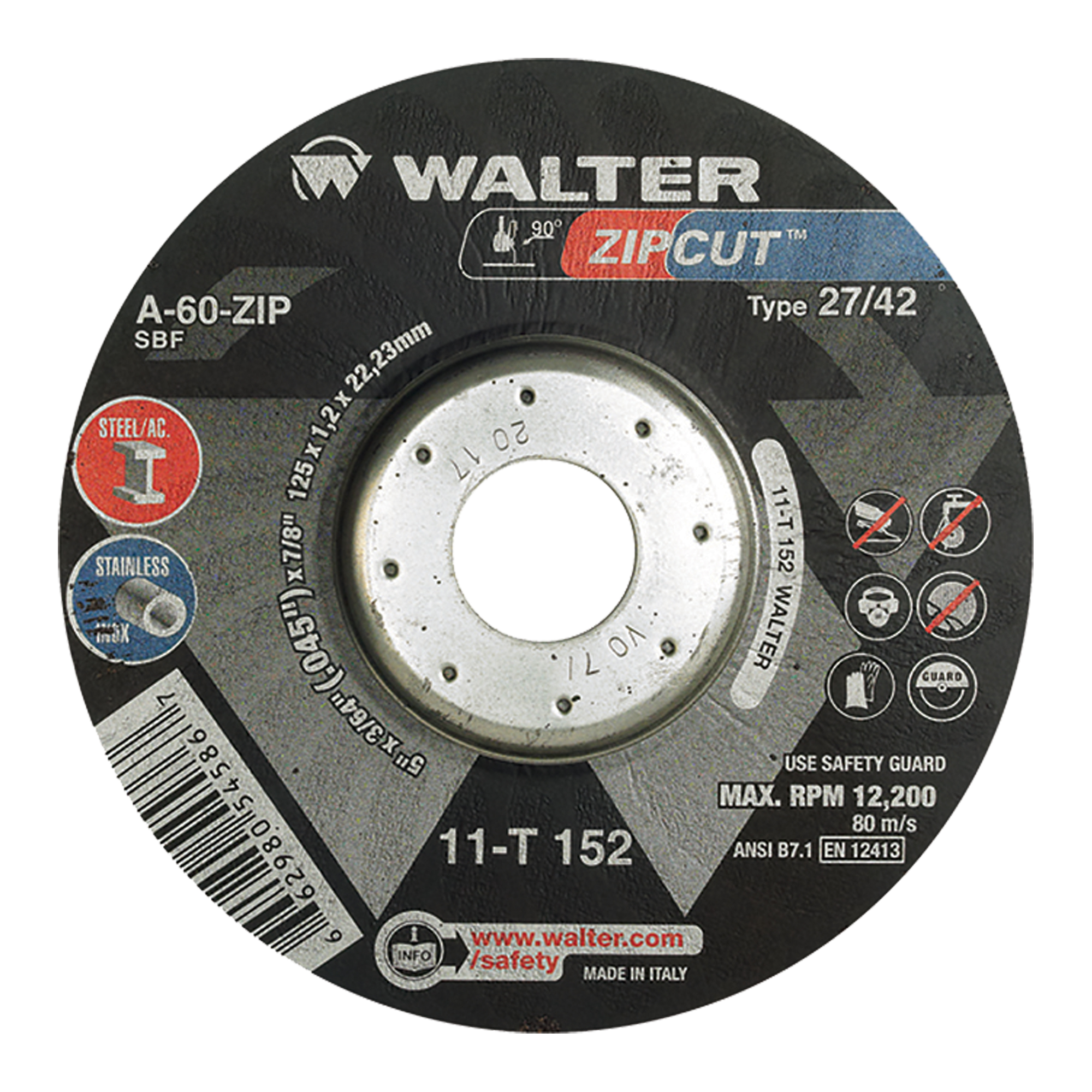 Meules à tronçonner renforcées ZipcutMC pour scies circulaires, 5" x 3/64", Arbre de 7/8", Type 27, Oxyde d'aluminium, 12 200 Tr/min