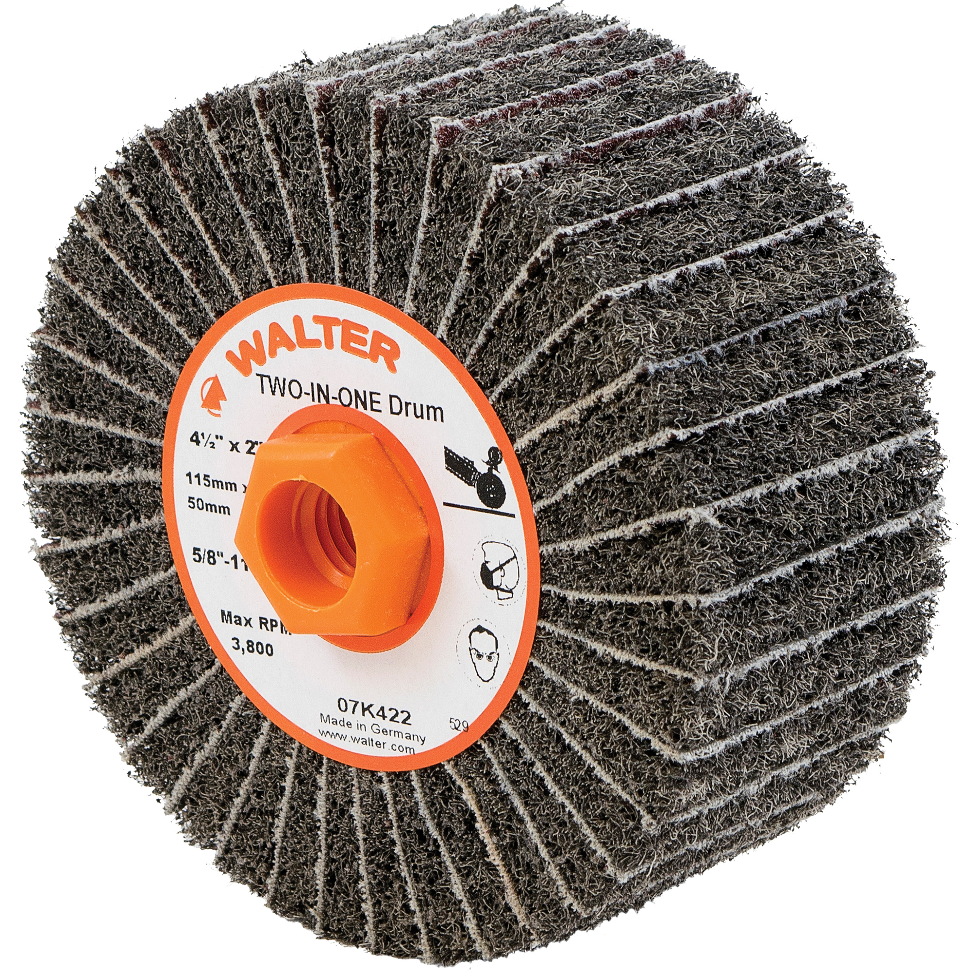 Tambours de finition Two-In-OneMC, 4-1/2" dia. x 2" la, Arbre 5/8"-11, Oxyde d'aluminium
