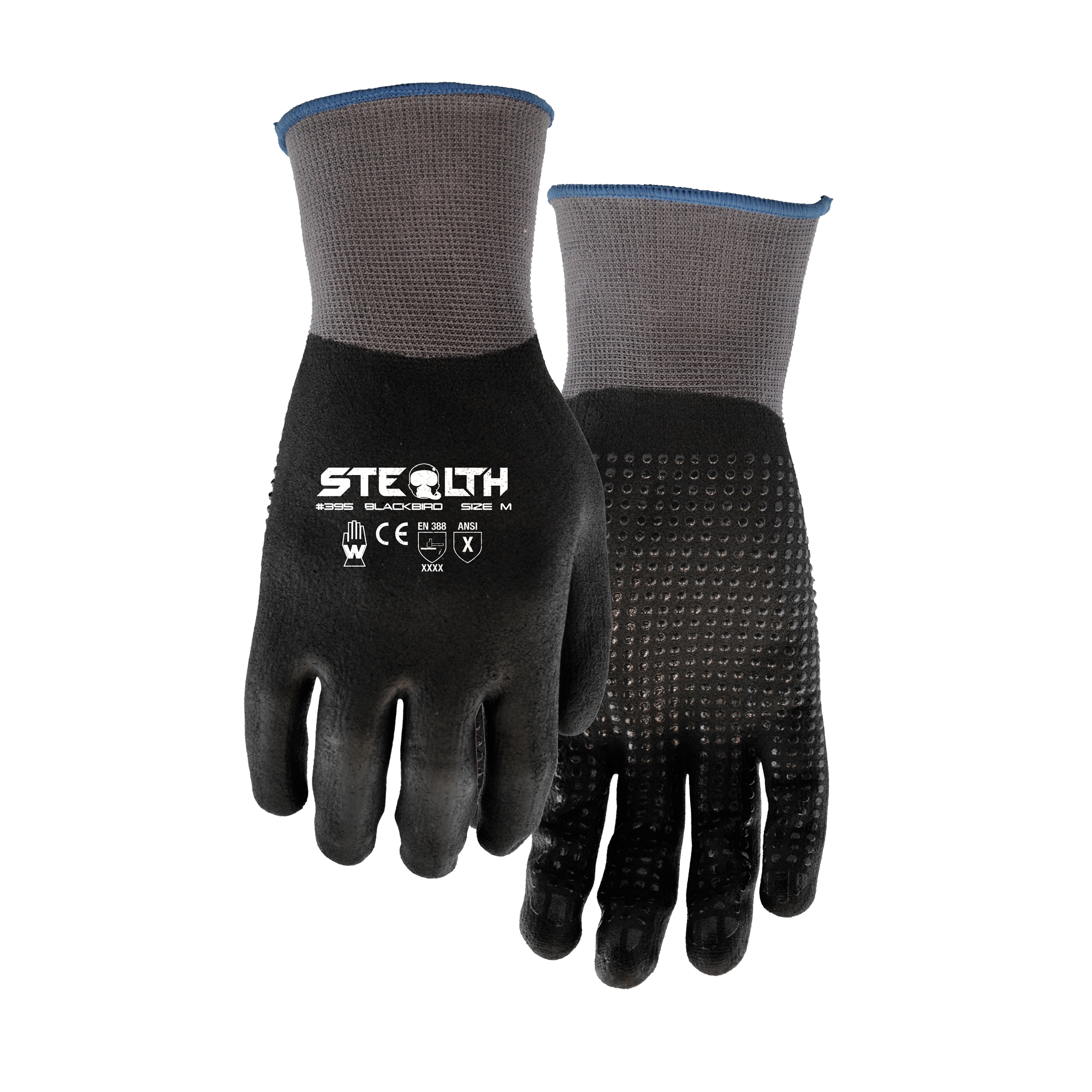 Gants 395 Stealth Blackbird, 9/Grand, Rêvetement Mousse de nitrile, Calibre 15, Enveloppe en Nylon