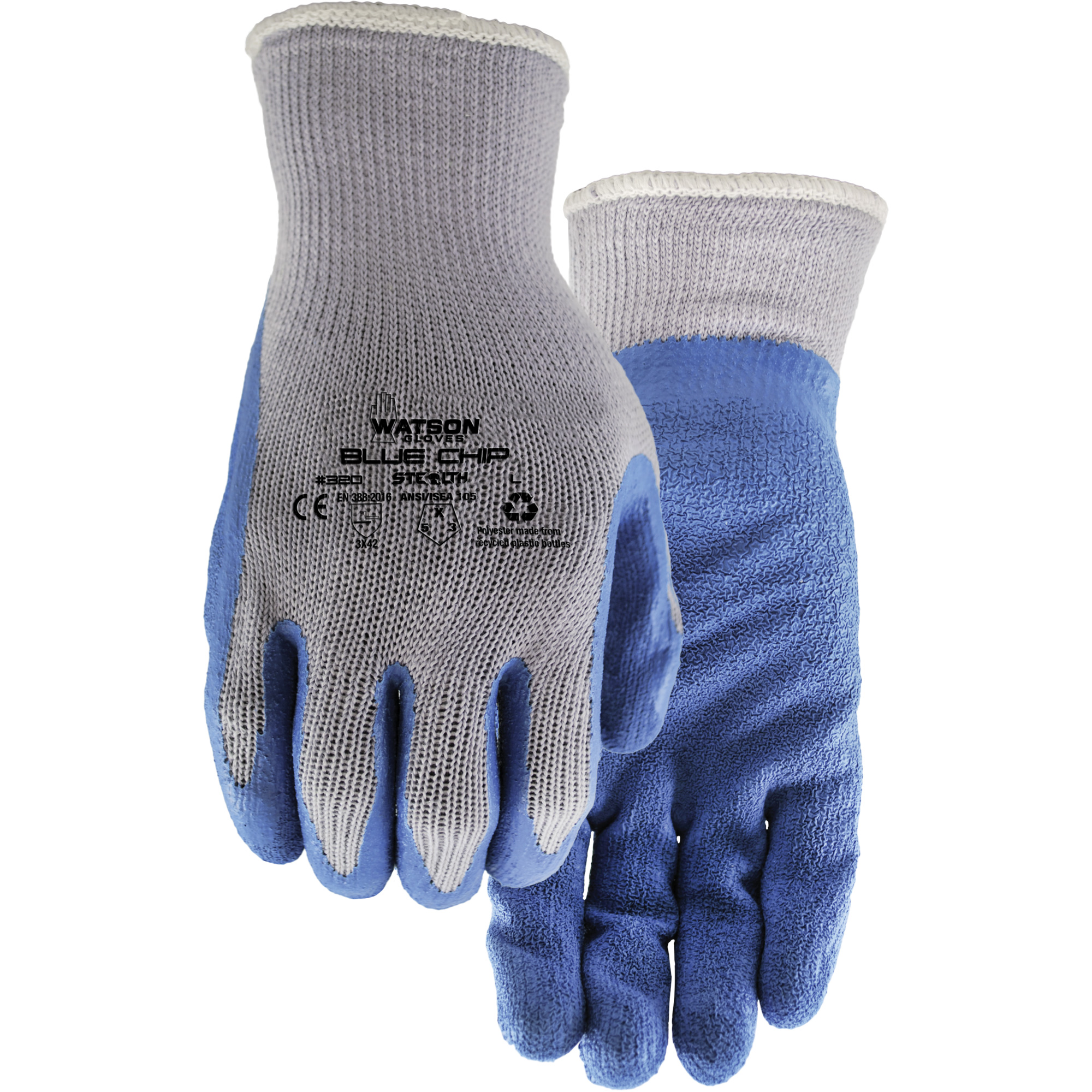 Gants enduits Stealth Blue Chip, Grand, Rêvetement Latex de caoutchouc, Calibre 10, Enveloppe en Polyester