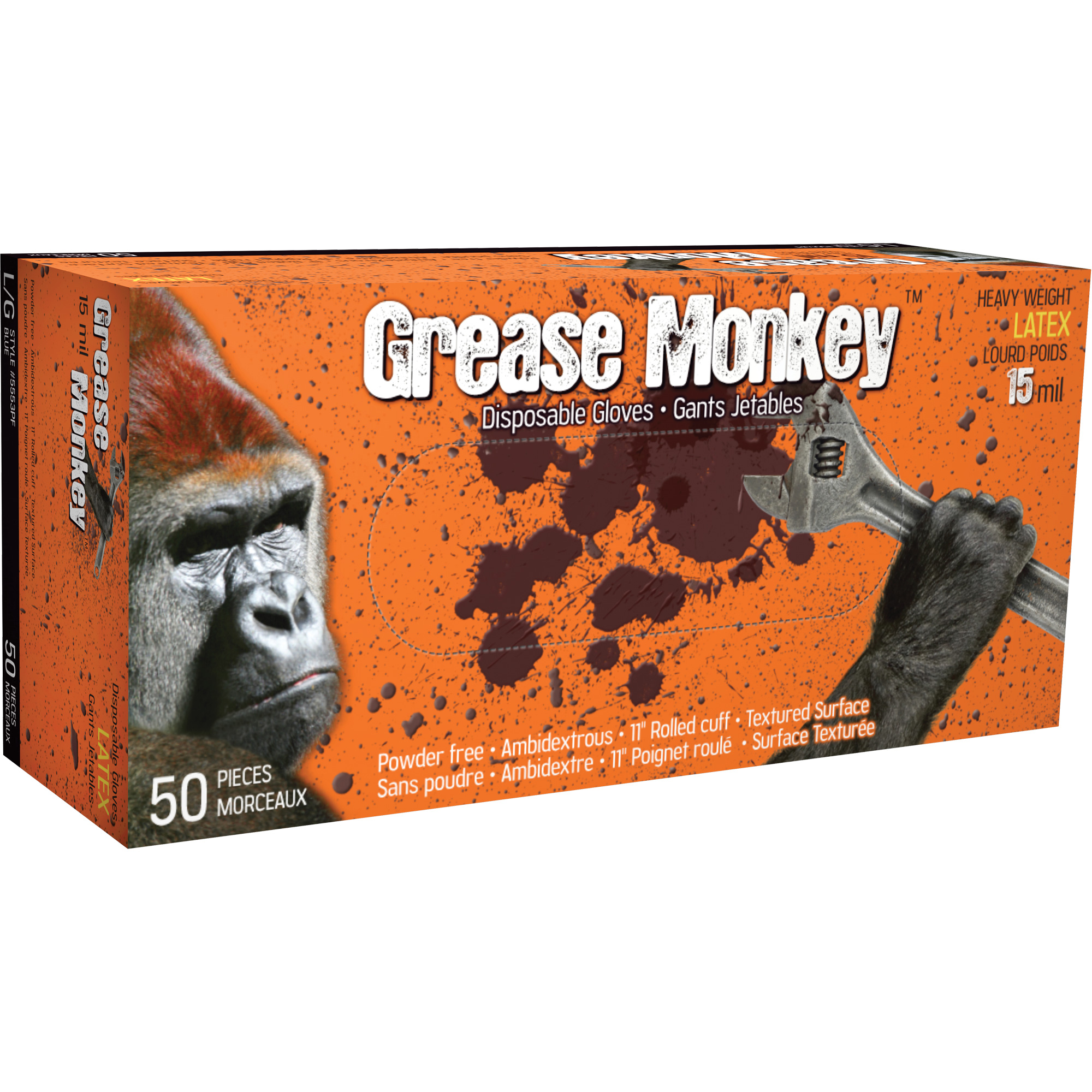 Gants Grease MonkeyMD, Grand, Latex, 15 mils, Sans poudre, Bleu