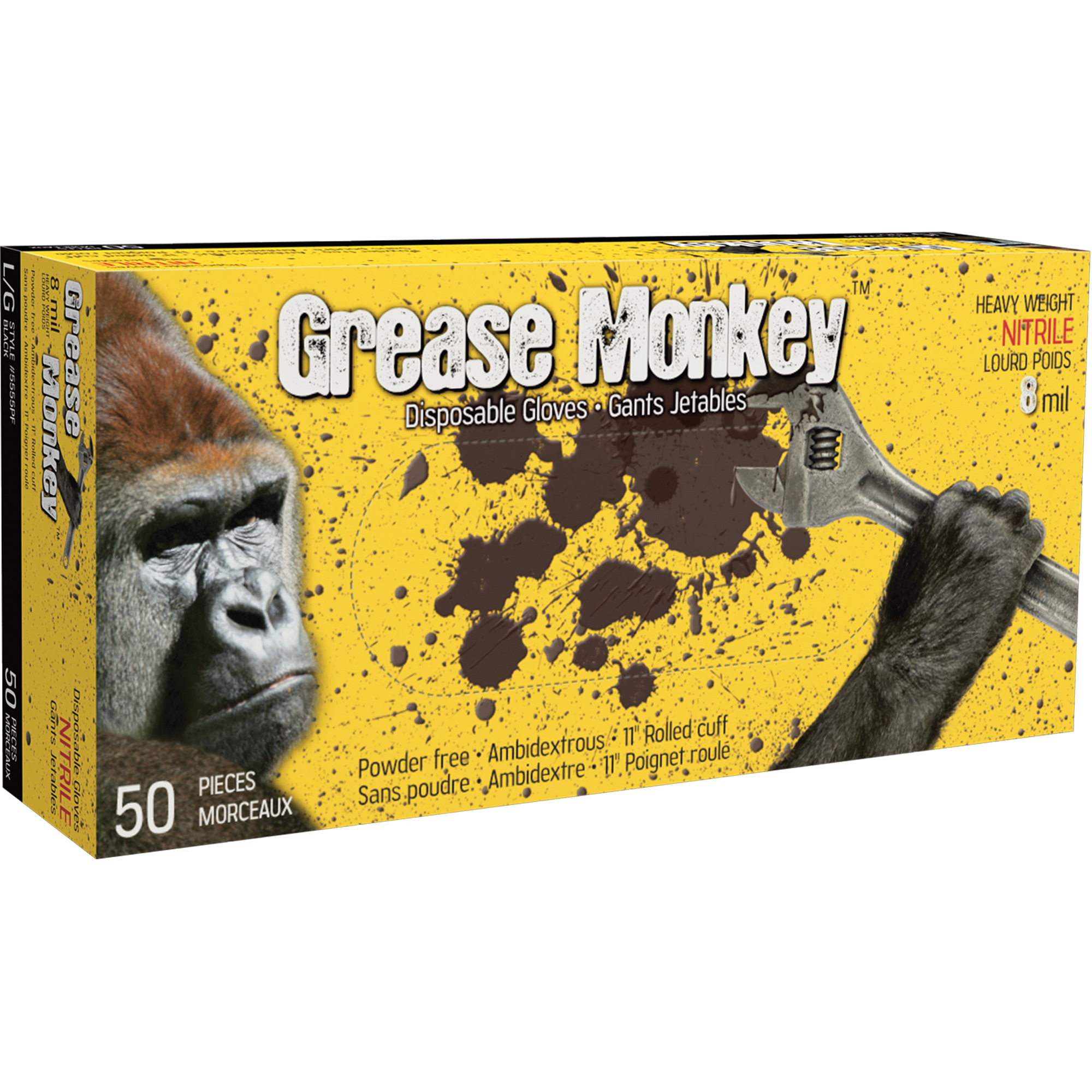 Gants Grease MonkeyMD, T-Grand, Nitrile, 8 mils, Sans poudre, Noir