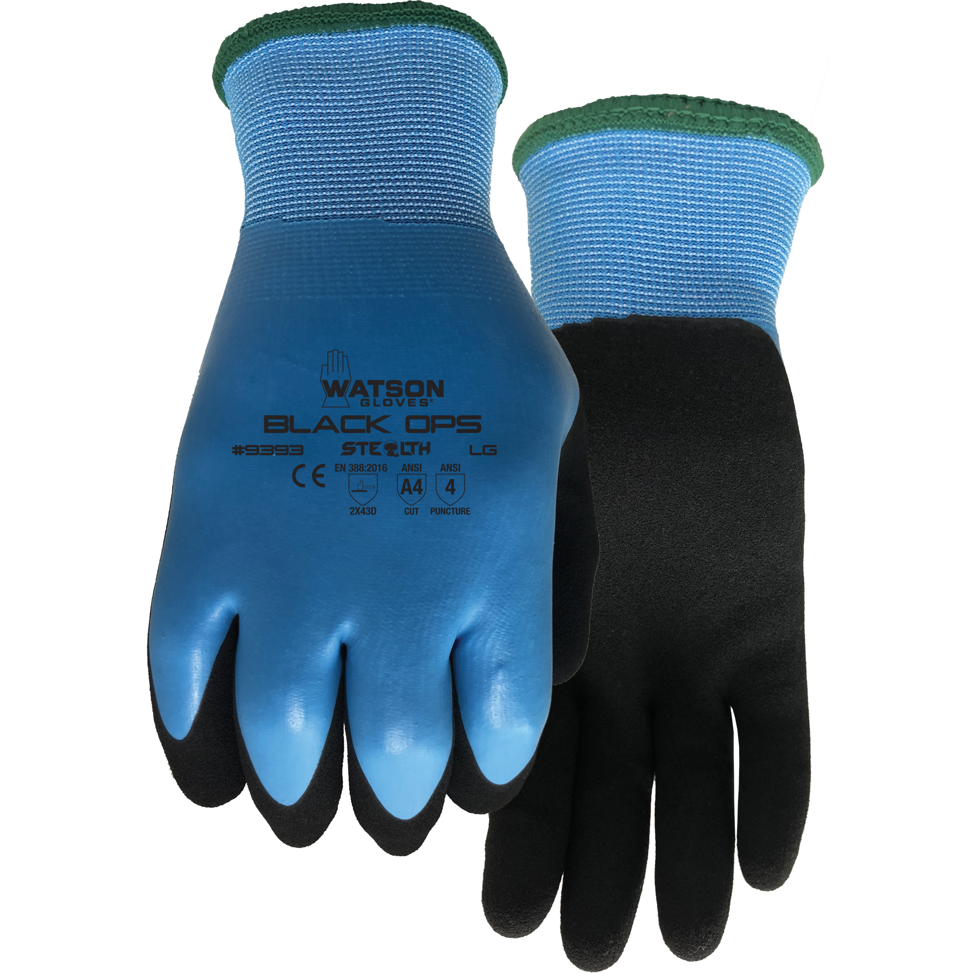 Gants hydrofuges Stealth Black Ops, Taille 2T-Grand, Calibre 15, Revêtement Latex de caoutchouc, Enveloppe en Fibre de verre/Polyester, ASTM ANSI niveau A4