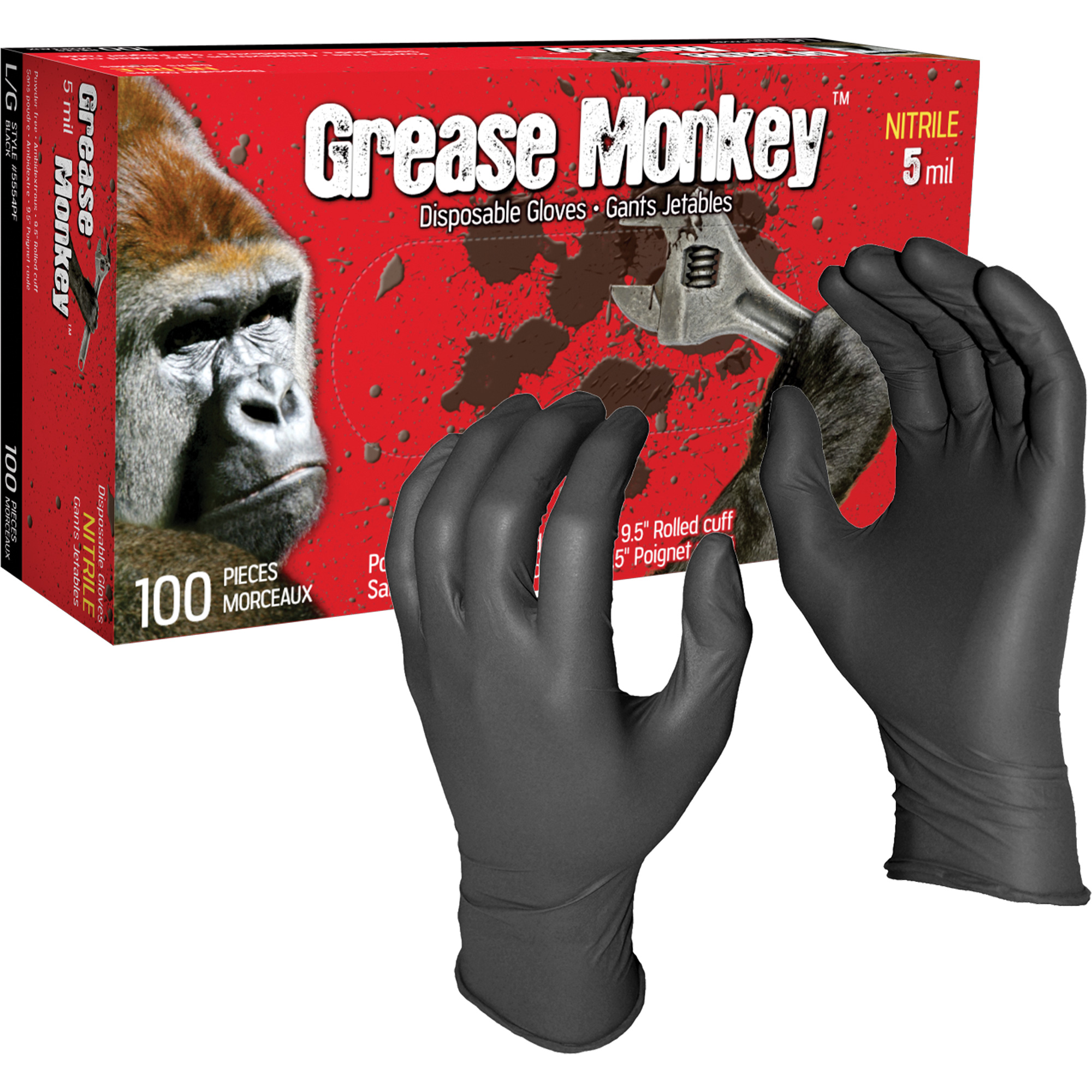 Gants jetables Grease MonkeyMD, Grand, Nitrile, 5 mils, Sans poudre, Noir