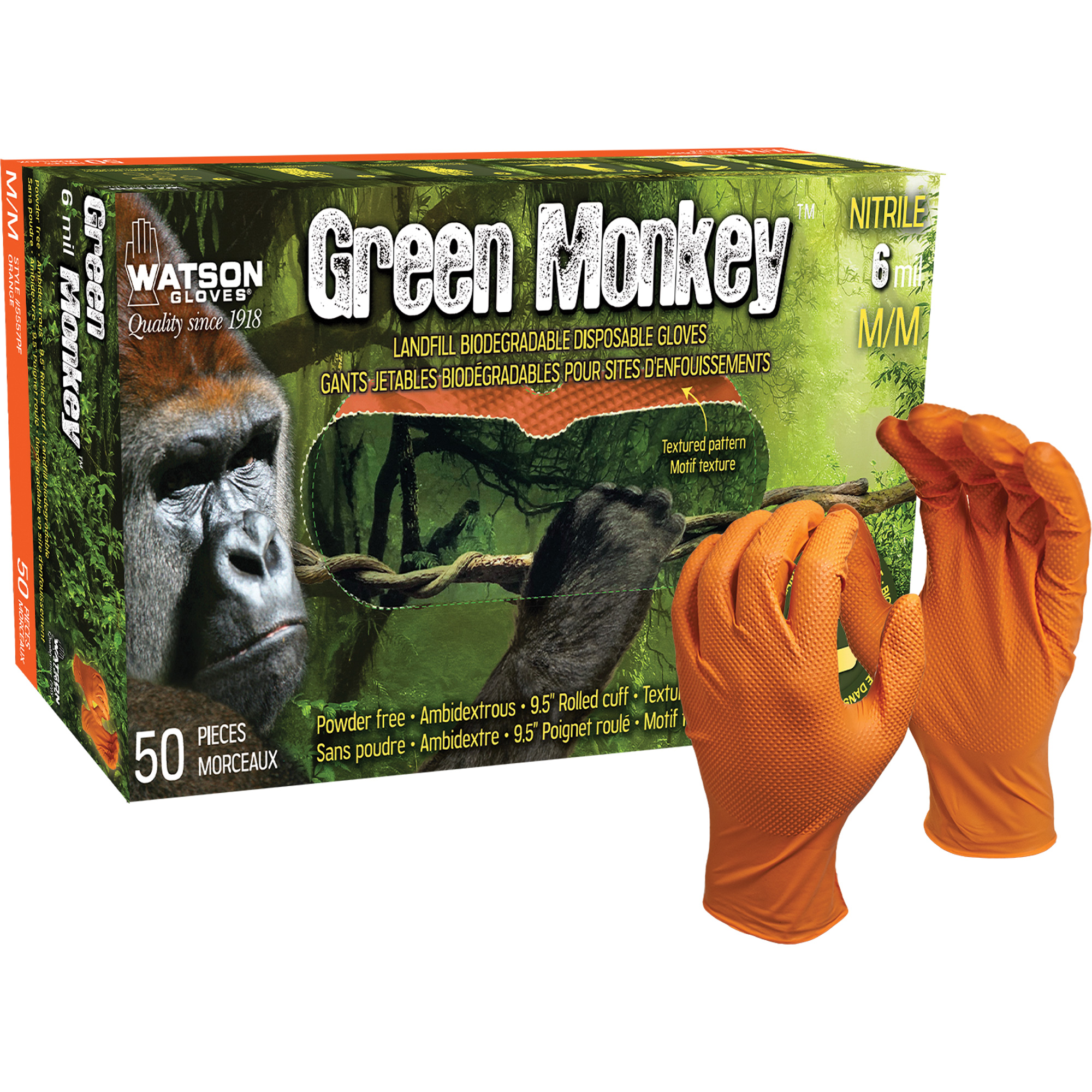 Gants jetables GreenMonkeyMC, Grand, Nitrile, 6 mils, Sans poudre, Orange