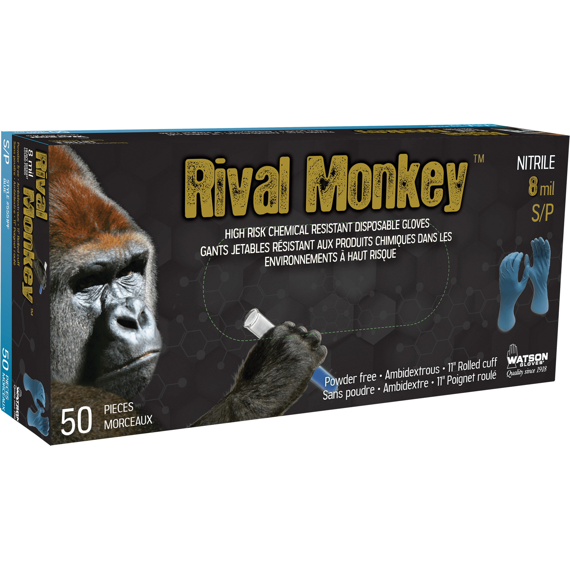 Gants jetables résistants aux produits chimiques à haut risque Rival MonkeyMC, Moyen, Nitrile, 8 mils, Sans poudre, Bleu