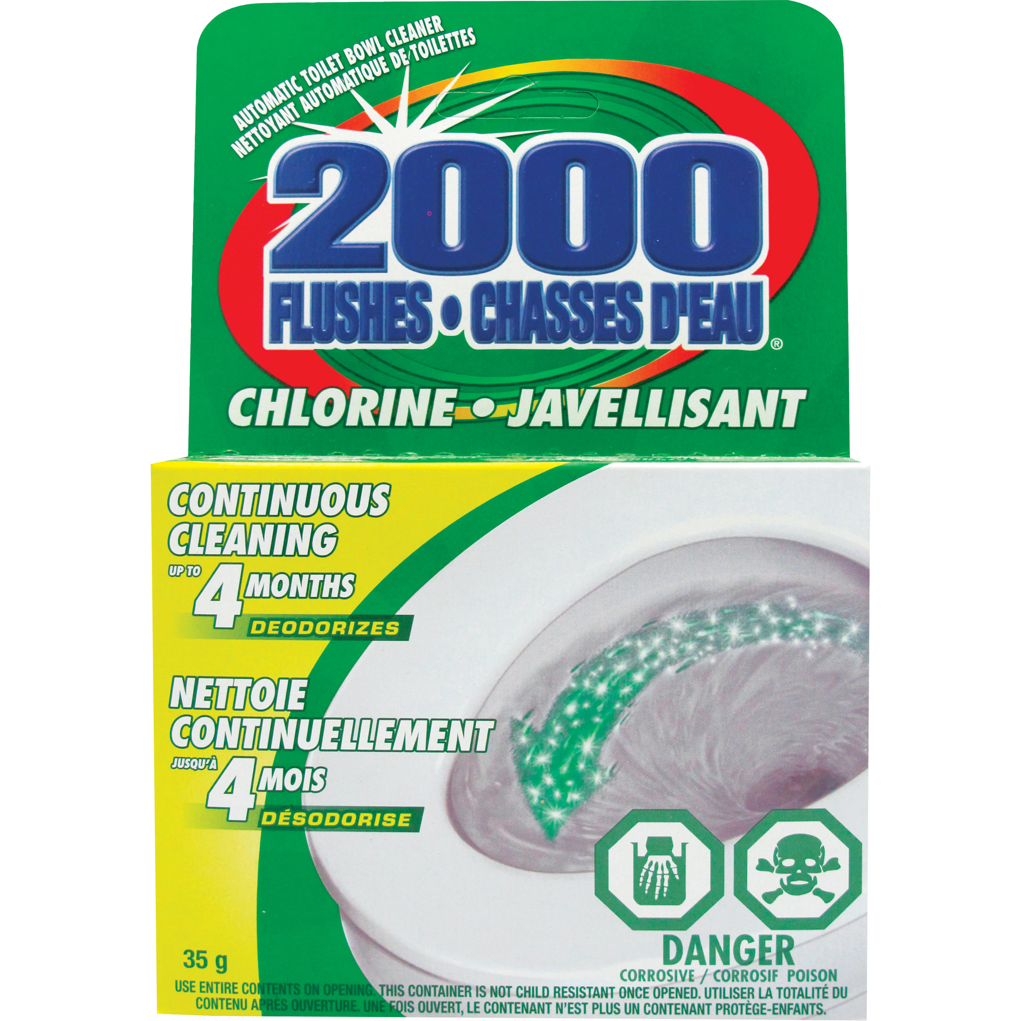 Détergent pour cuvette de toilette 2000 FlushesMD avec agent de blanchiement, 35 g, Tampon
