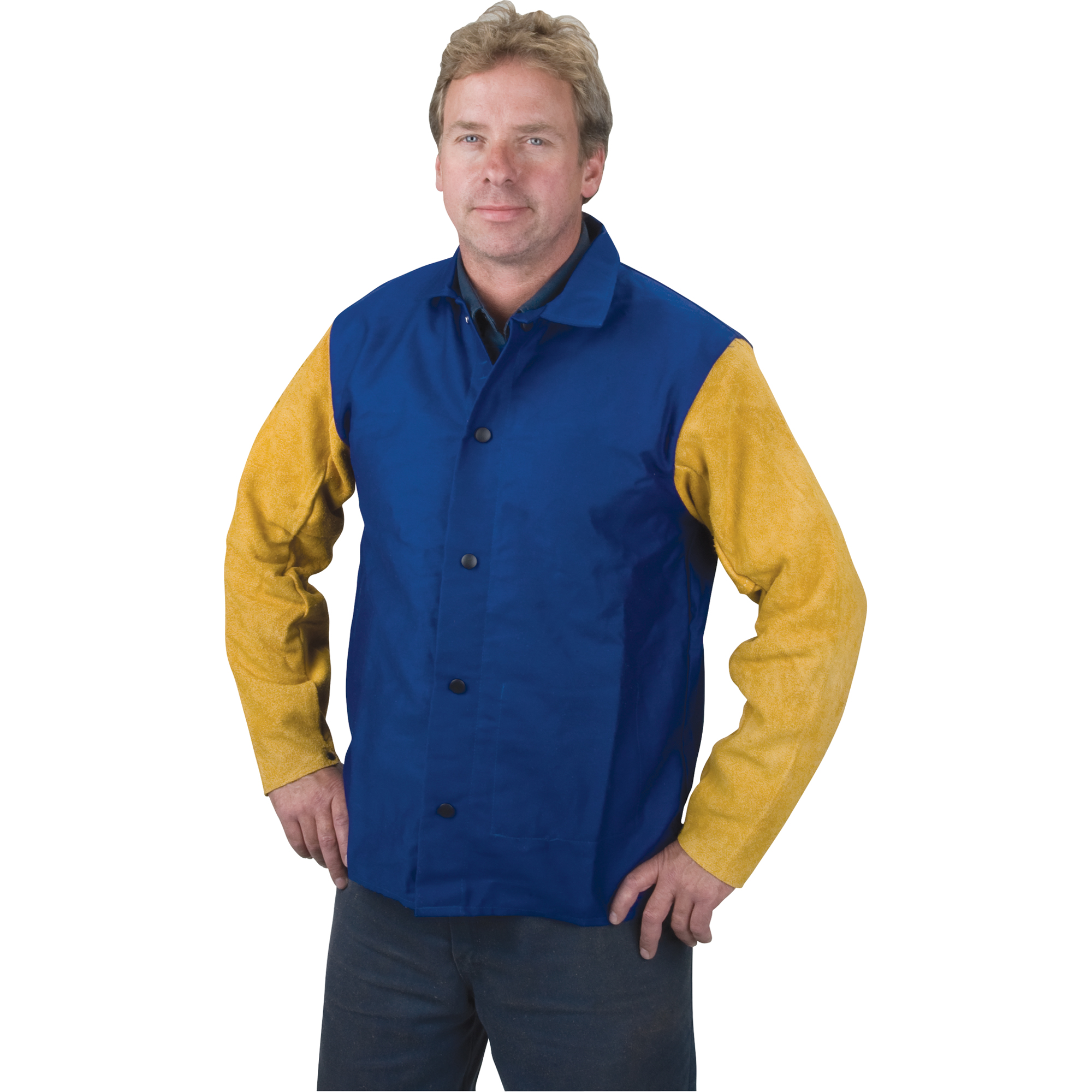 Vestes de soudeur Yellow Jacket, Coton/Cuir, 5T-Grand, Bleu/Jaune