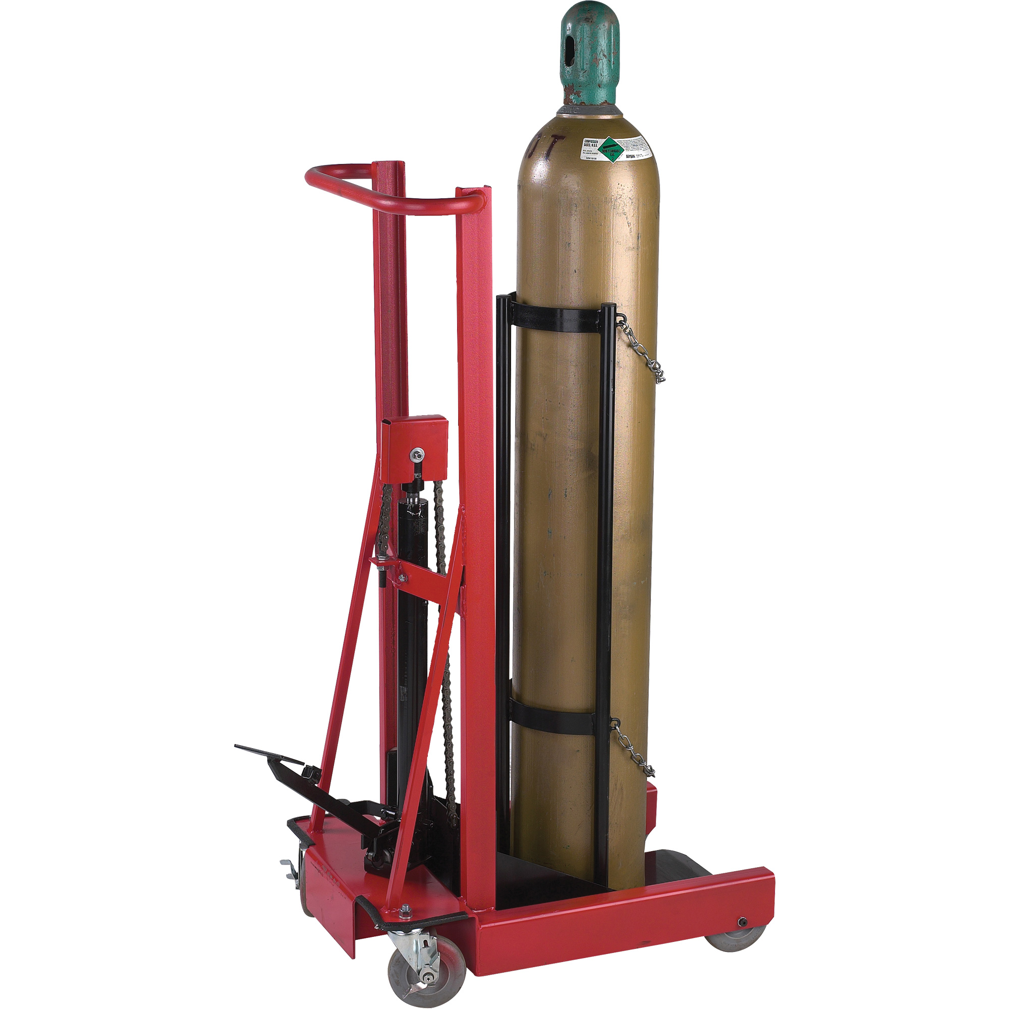 Élévateur hydraulique pour cylindre, Roues Caoutchouc, Base de 12" la x 20" lo, 300 lb