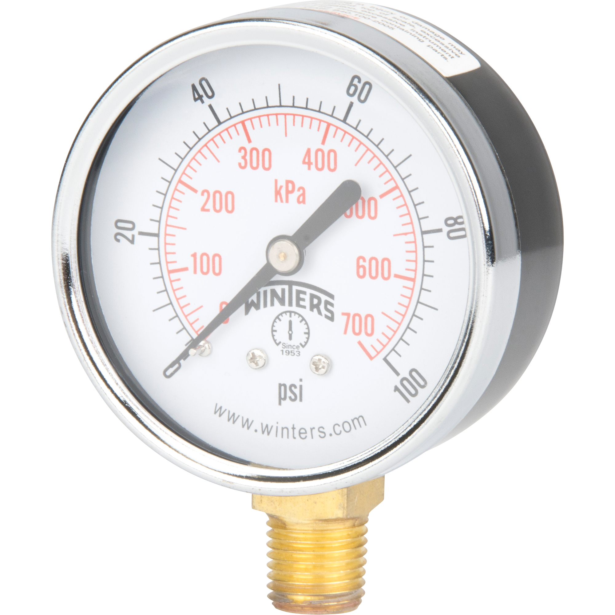 Manomètre, 2-1/2", 0 - 100 psi, Fixation inférieure, Analogique
