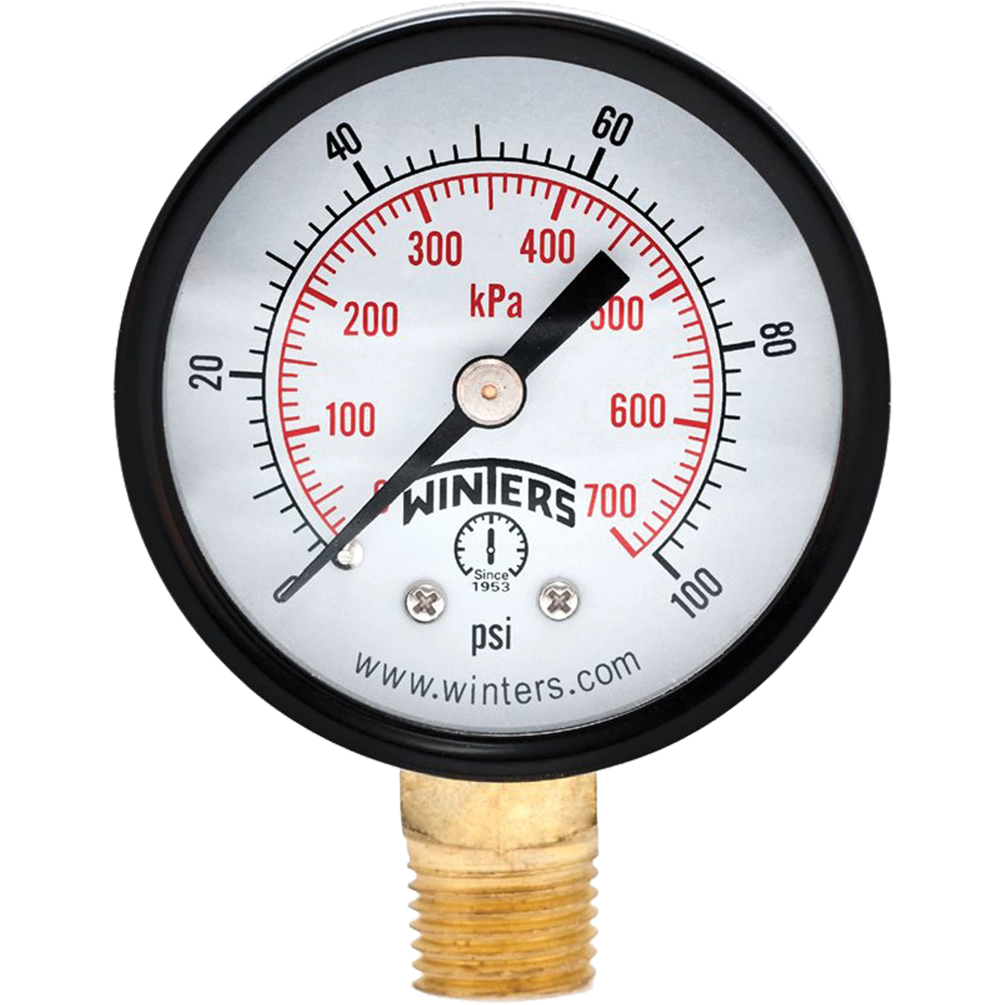 Manomètre économique, 2", 0 - 100 psi, Fixation inférieure, Analogique