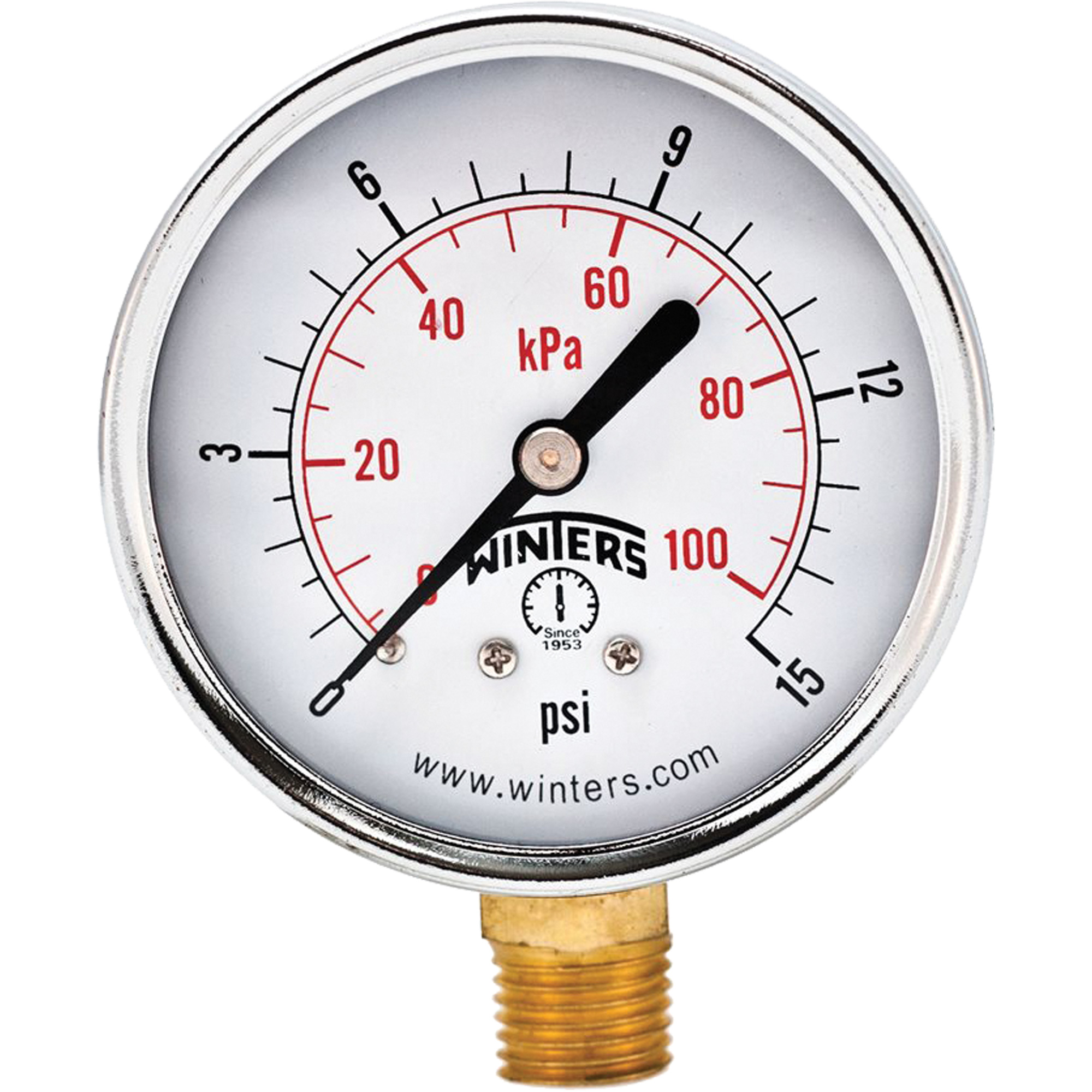 Manomètre économique, 2-1/2", 0 - 15 psi, Fixation inférieure, Analogique