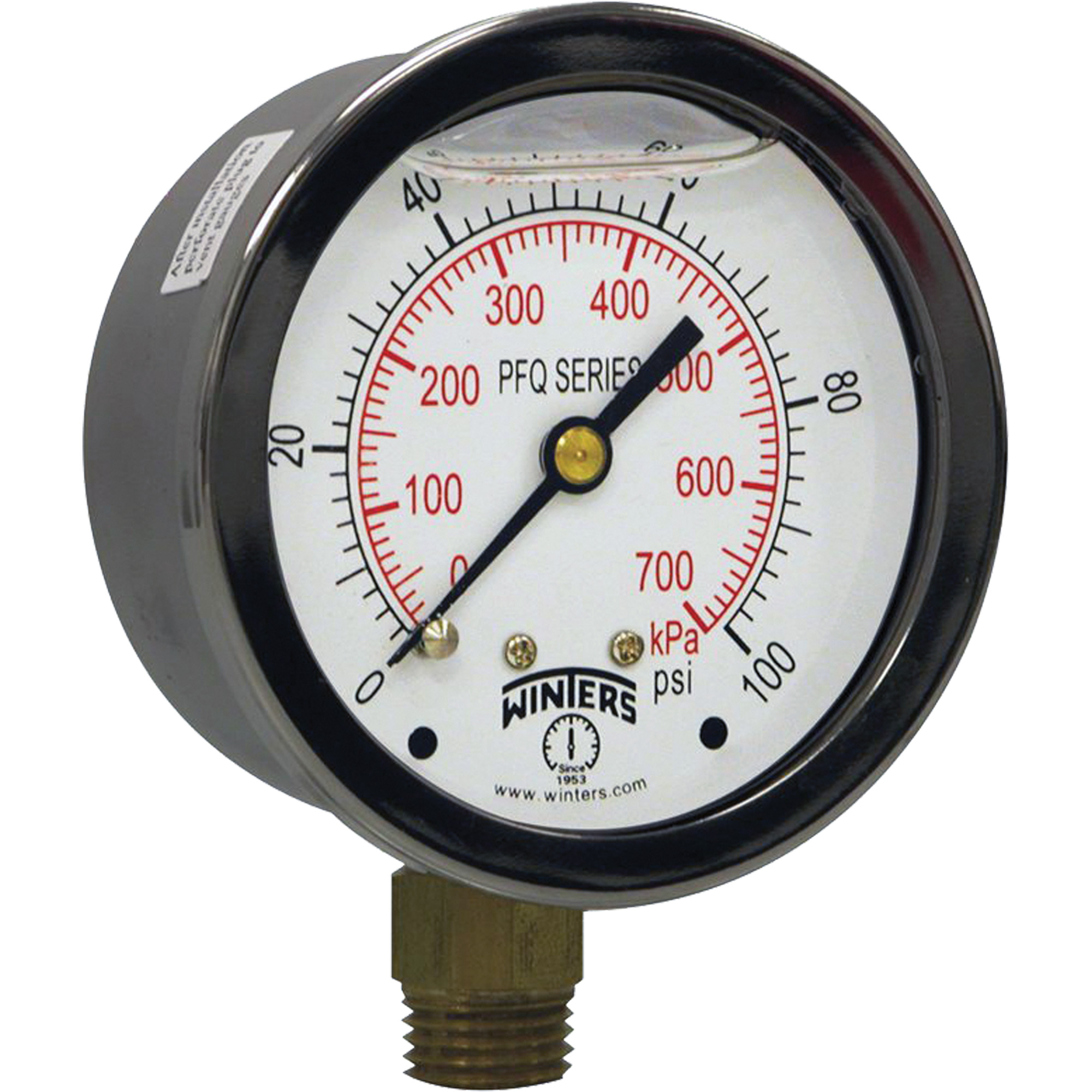 Manomètre en laiton, 2-1/2", 0 - 100 psi, Fixation inférieure, Analogique rempli de liquide