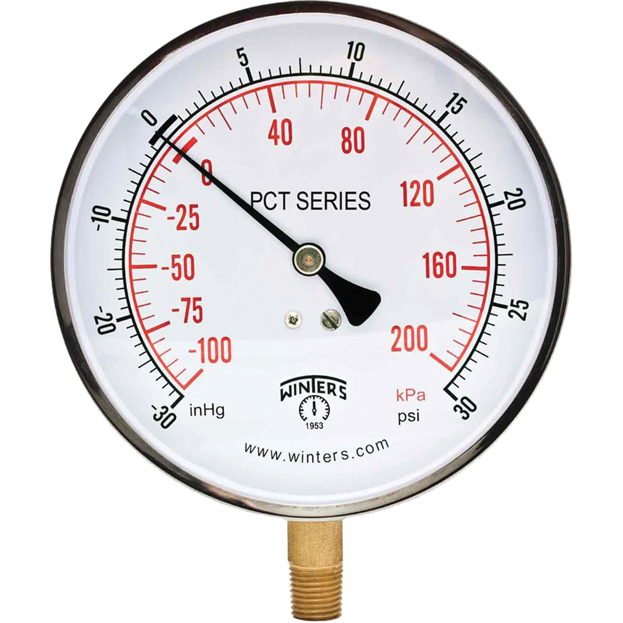Manomètre pour entrepreneur, 4-1/2", 30 - 0 - 30 PSI, Fixation inférieure, Analogique