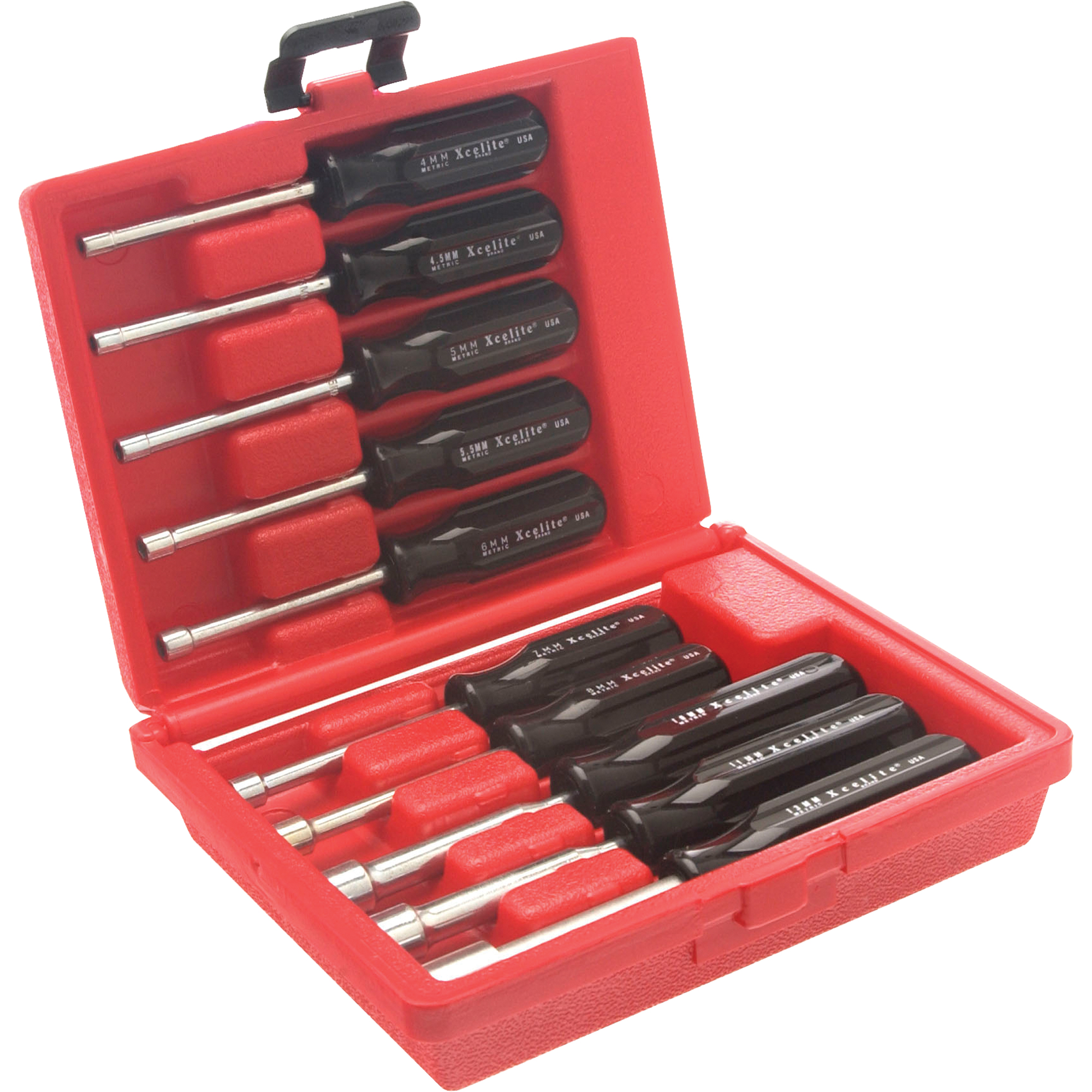 Jeu de tourne-écrous à mandrin percé avec mallette en plastique rouge, 10 mcx, Métrique